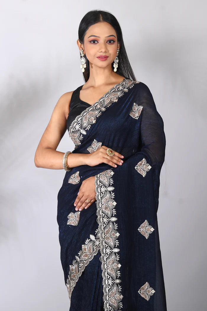 Navy Blue Blended Organza Saree - Keya Seth Exclusive