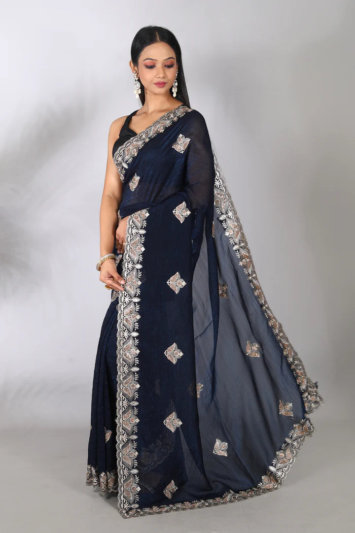 Navy Blue Blended Organza Saree - Keya Seth Exclusive