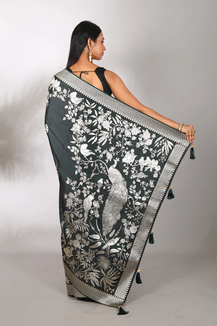 Deep Green Satin Silk Blended Saree - Keya Seth Exclusive