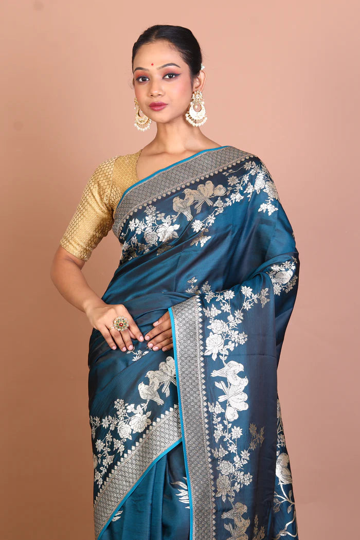 Deep Blue Blended Satin Silk Saree - Keya Seth Exclusive