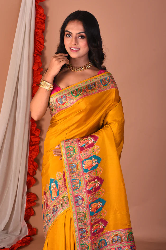 Mustard Blended Printed Silk Saree - Keya Seth Exclusive