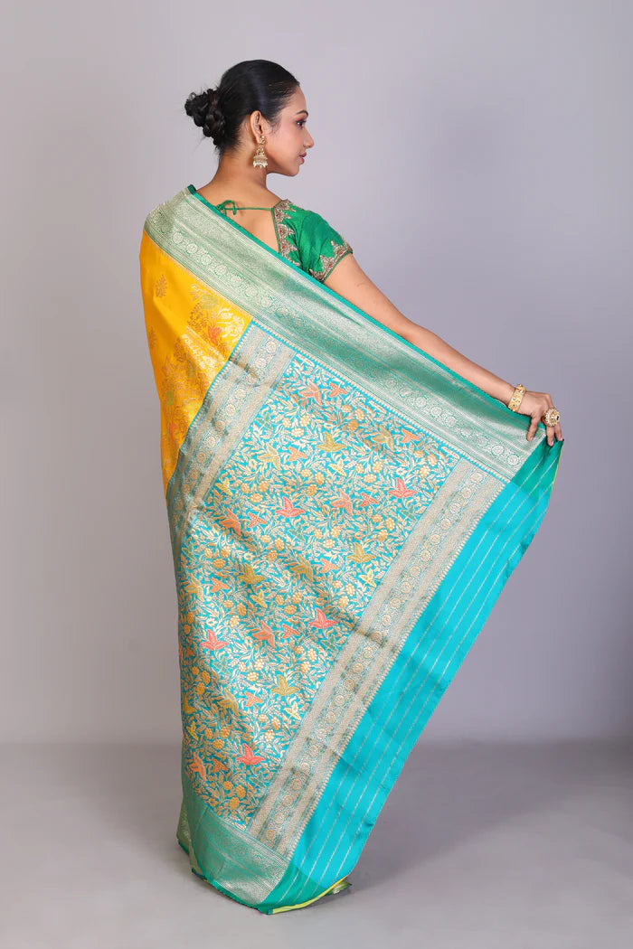 Yellow Blended Satin Silk Saree - Keya Seth Exclusive