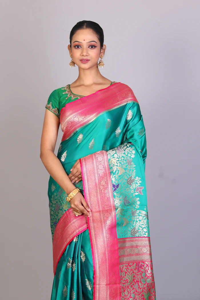 Rama Green Blended Satin Silk Saree - Keya Seth Exclusive