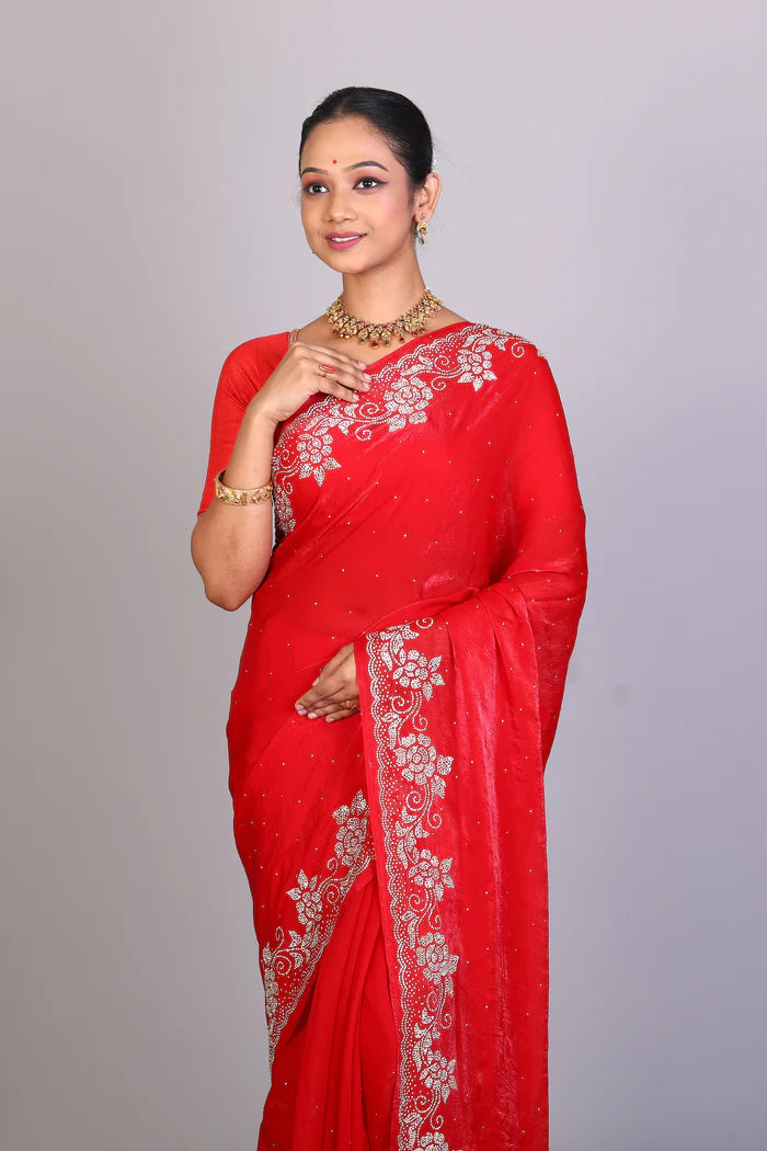 Red Blended Georgette Saree - Keya Seth Exclusive