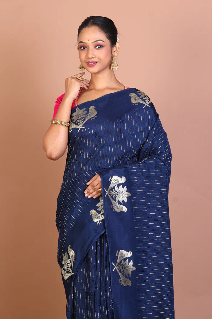 Navy Blue Blended Khaddi Saree - Keya Seth Exclusive