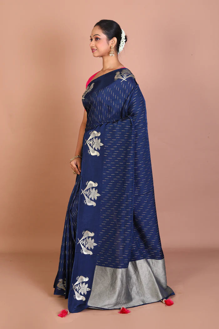 Navy Blue Blended Khaddi Saree - Keya Seth Exclusive