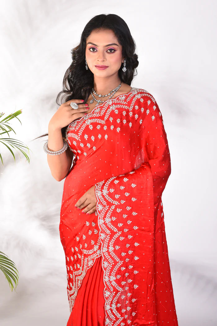 Fancy Red Satin Silk Saree - Keya Seth Exclusive
