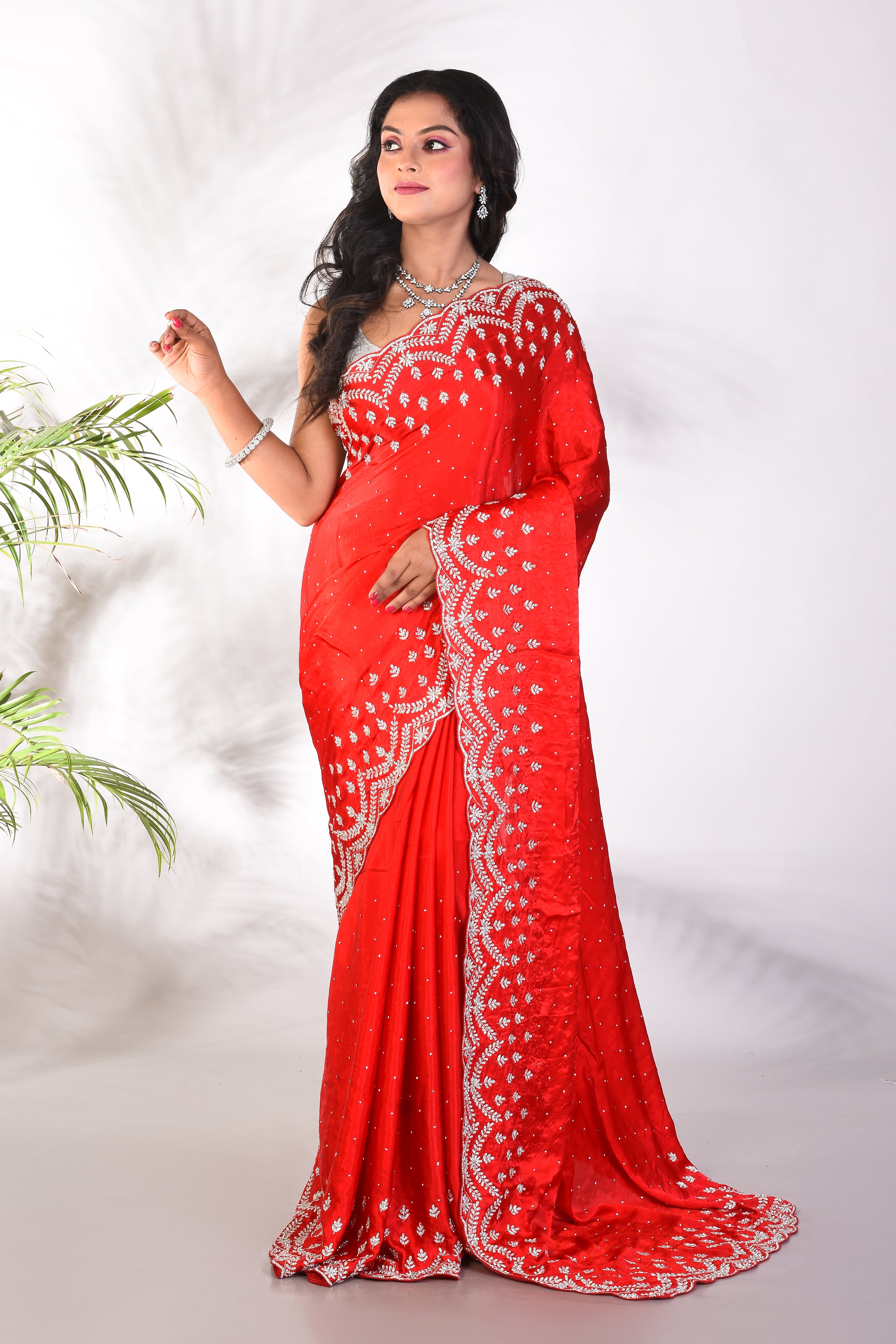 Fancy Red Satin Silk Saree - Keya Seth Exclusive