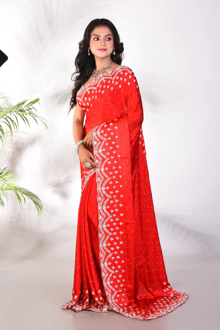 Fancy Red Satin Silk Saree - Keya Seth Exclusive