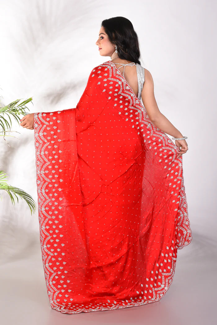 Fancy Red Satin Silk Saree - Keya Seth Exclusive