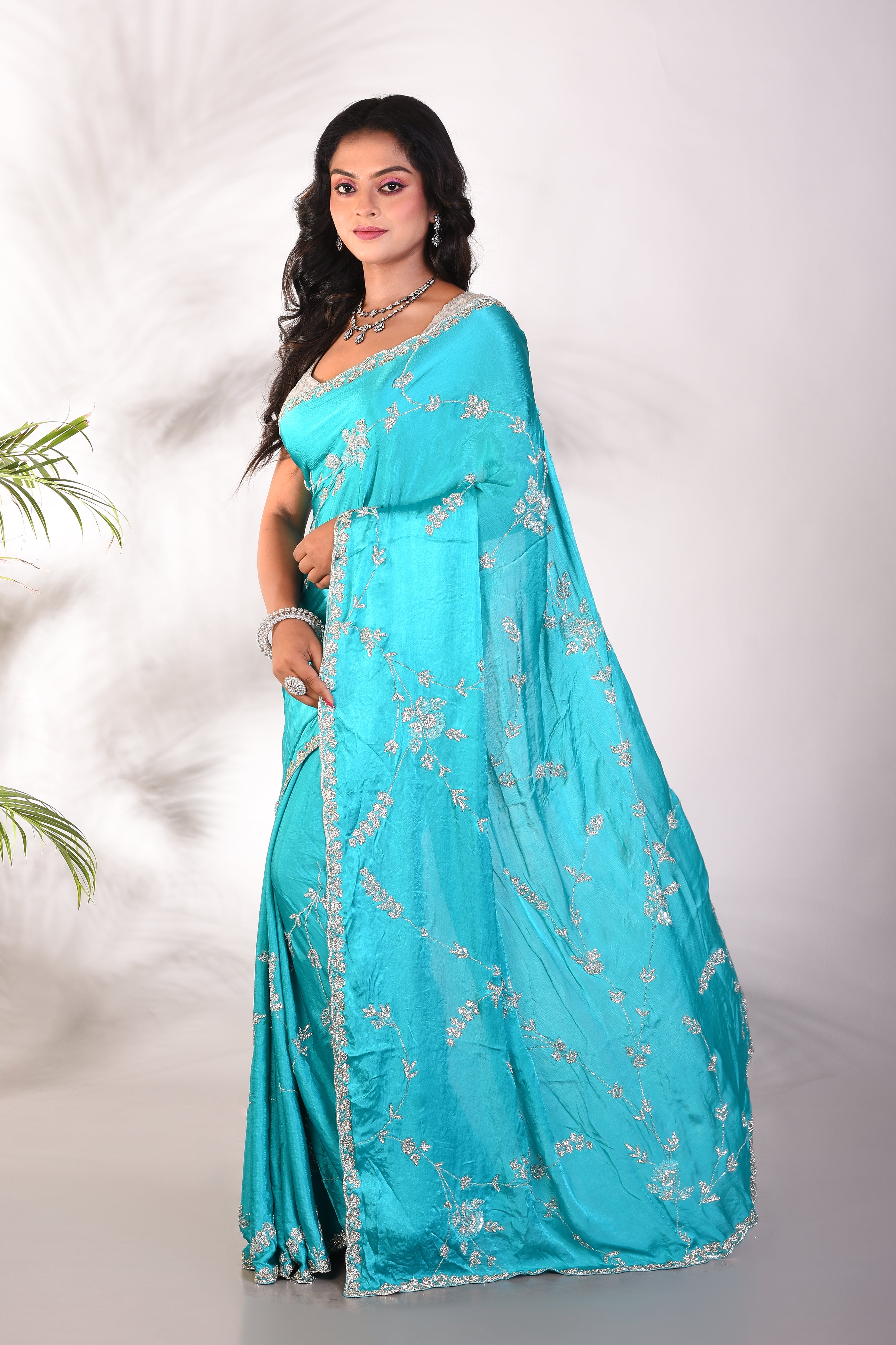 Fancy Light Blue Satin Silk Saree - Keya Seth Exclusive