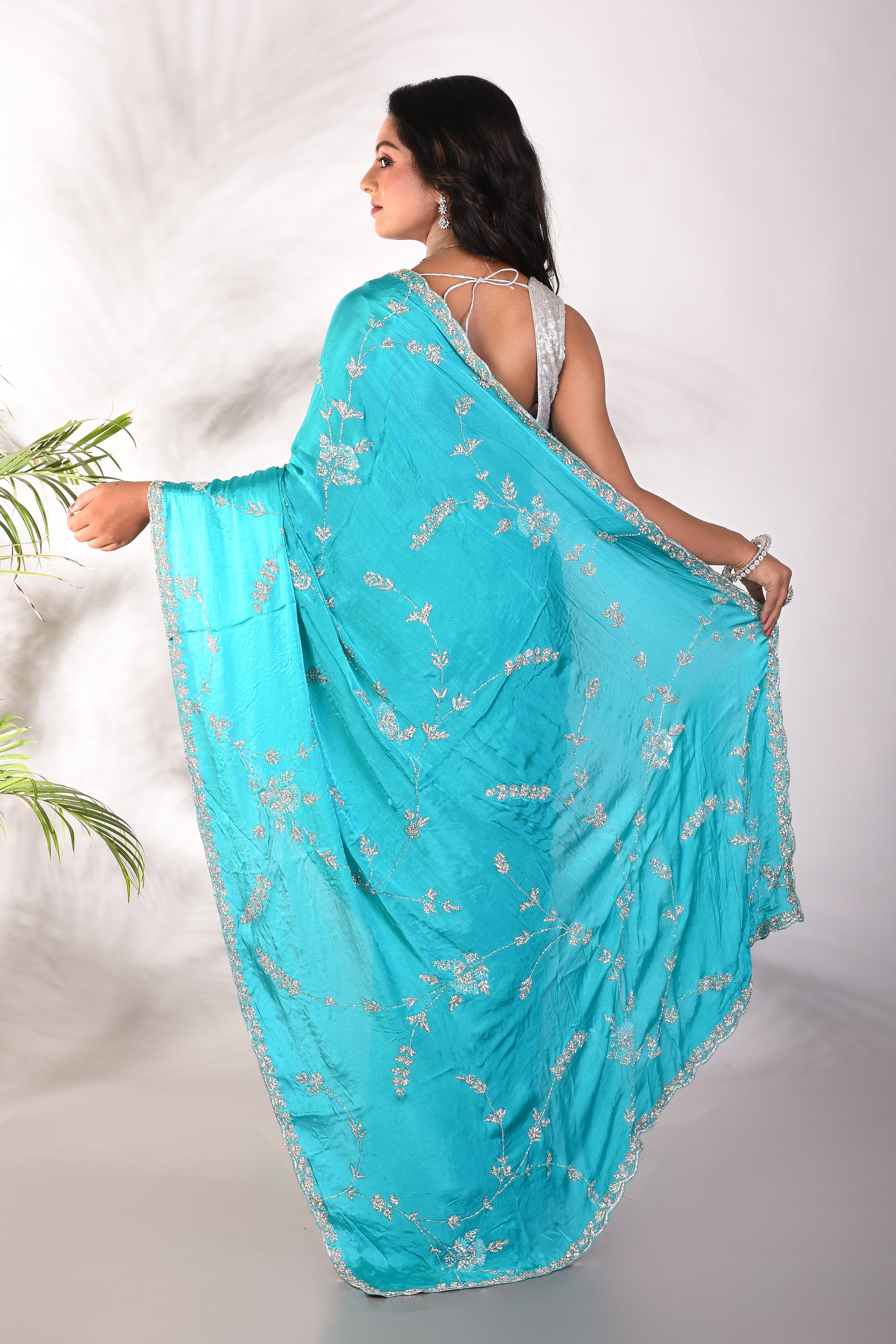 Fancy Light Blue Satin Silk Saree - Keya Seth Exclusive