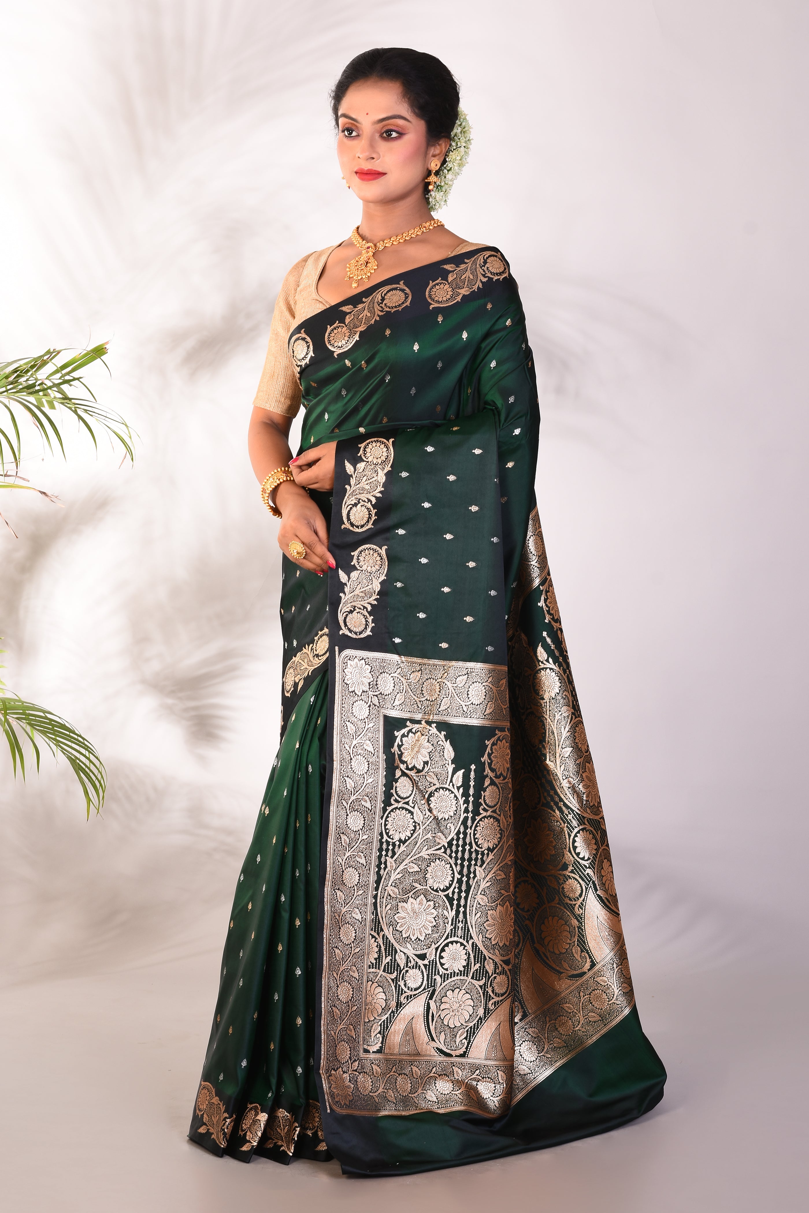 Bottle Green Blended Katan Saree - Keya Seth Exclusive