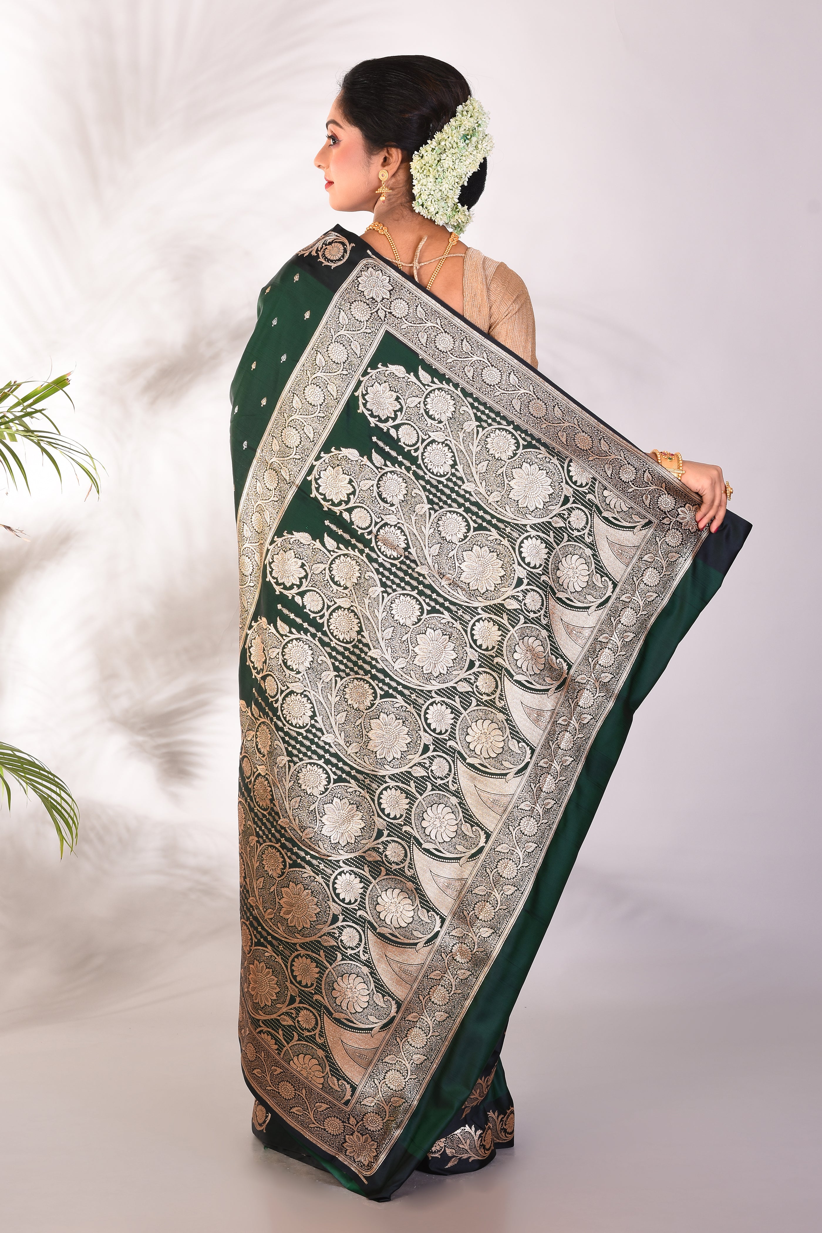 Bottle Green Blended Katan Saree - Keya Seth Exclusive