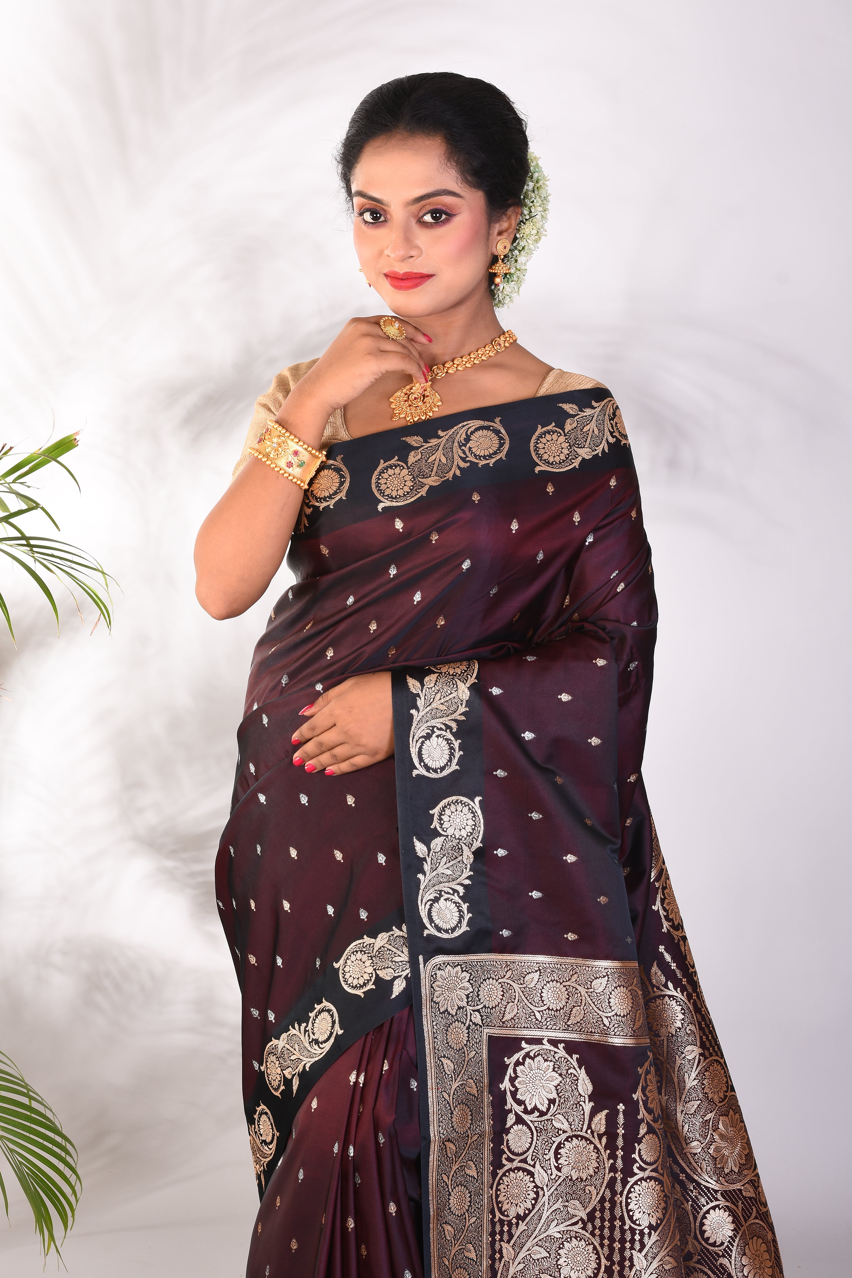 Dual Tone Brown Blended Katan Saree - Keya Seth Exclusive
