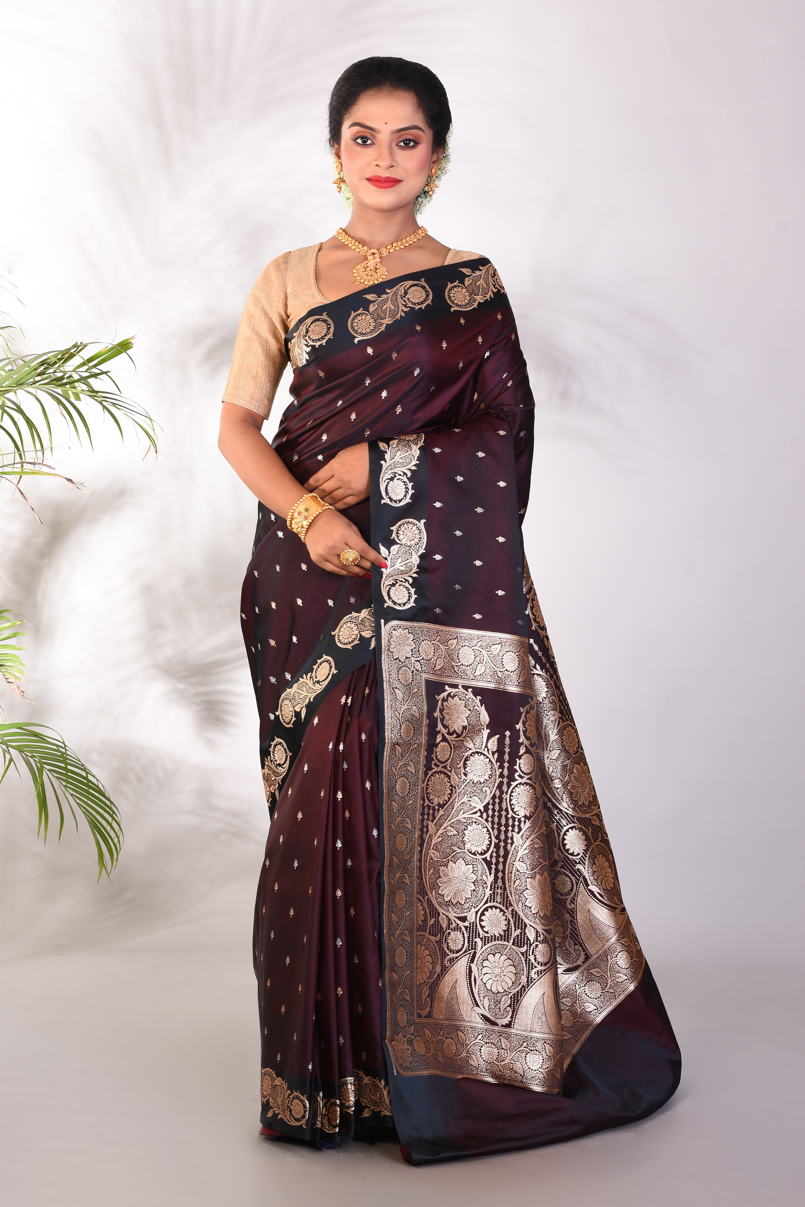 Dual Tone Brown Blended Katan Saree - Keya Seth Exclusive