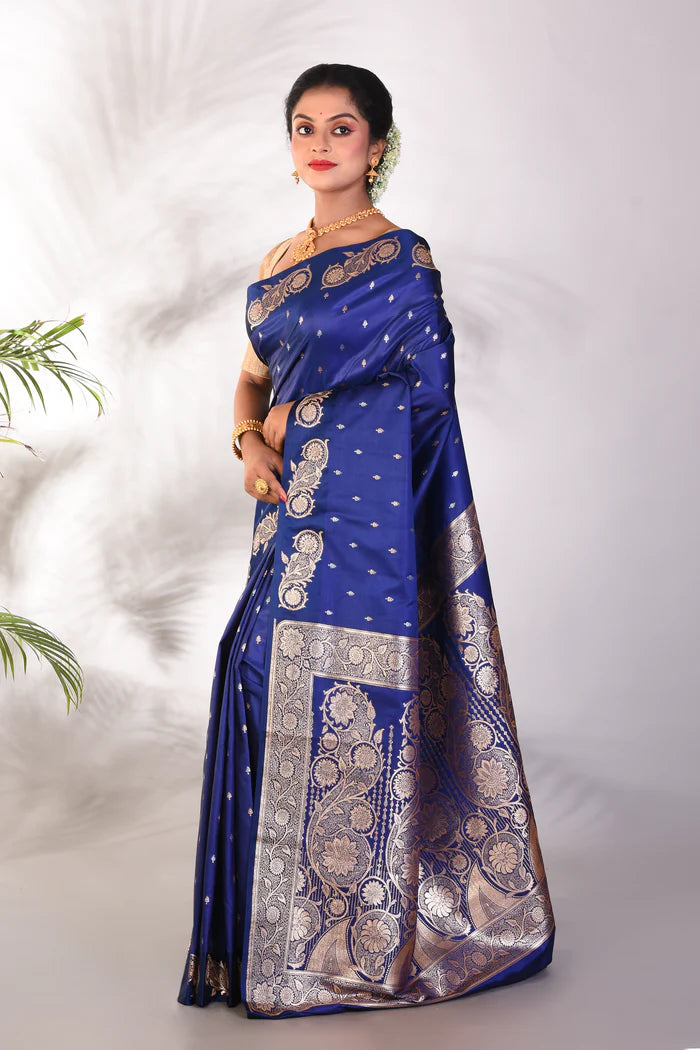 Navy Blue Blended Katan Saree - Keya Seth Exclusive