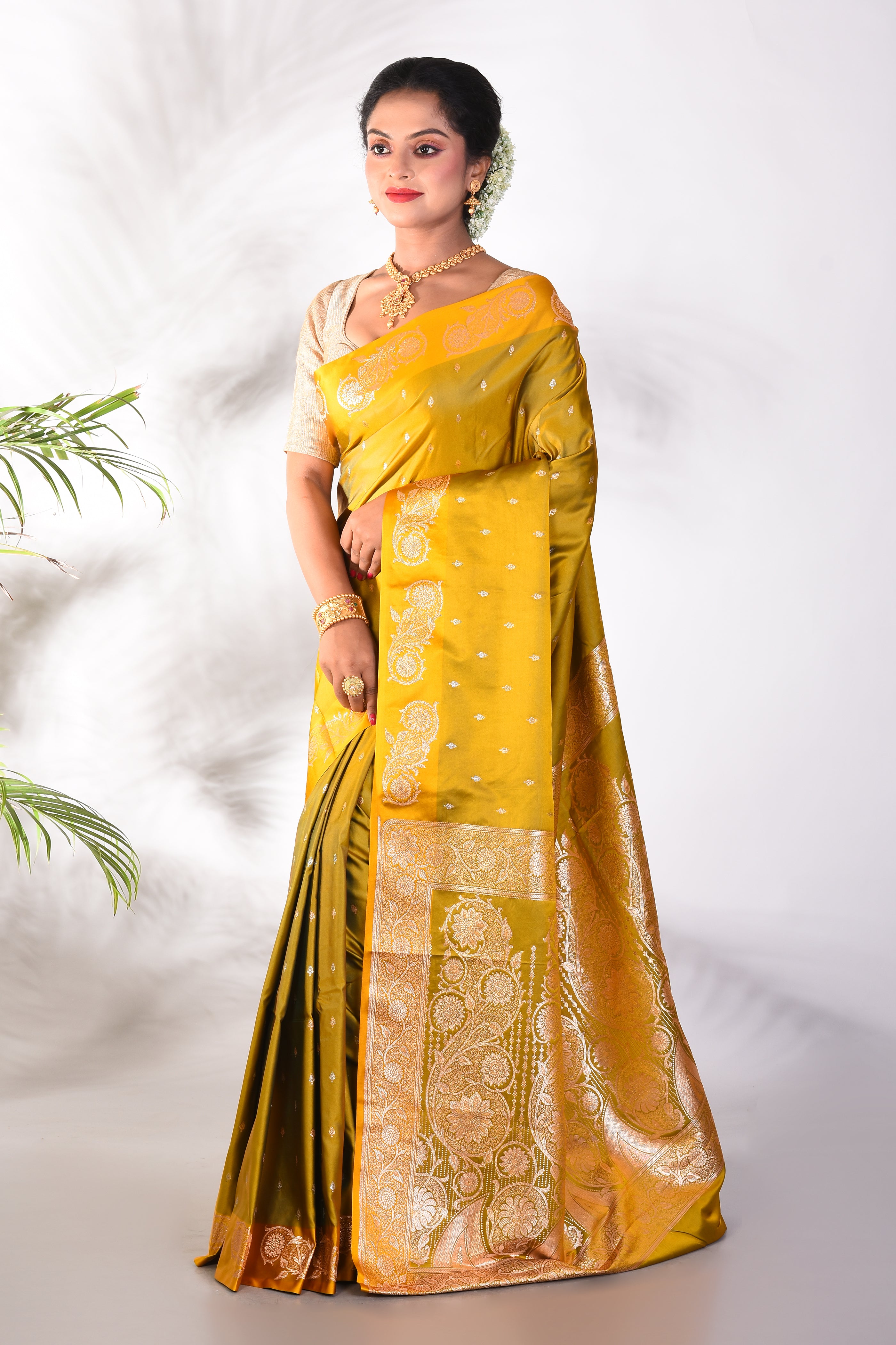 Olive Green Blended Katan Saree - Keya Seth Exclusive