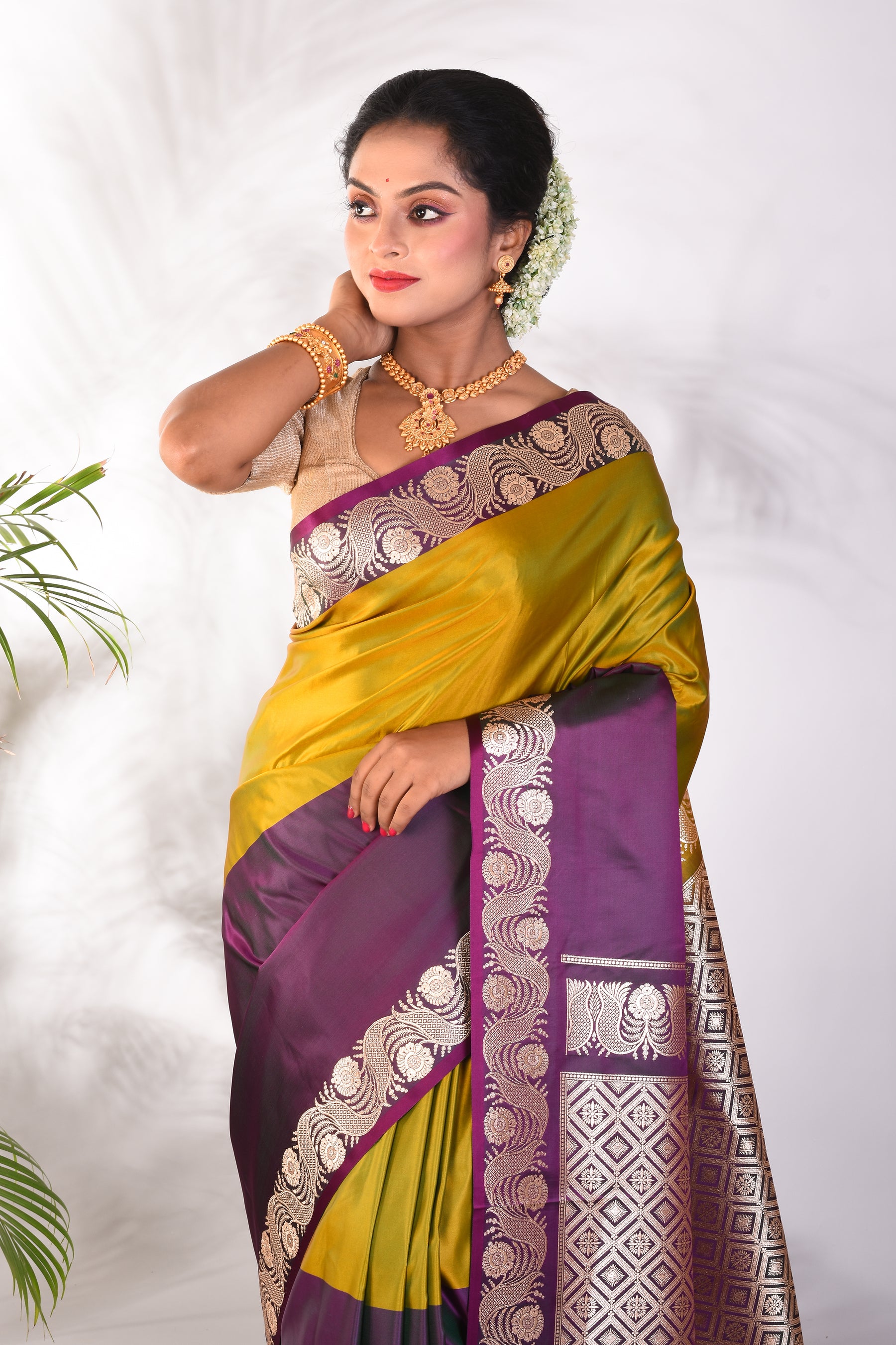 Olive & Magenta Blended Katan Saree - Keya Seth Exclusive