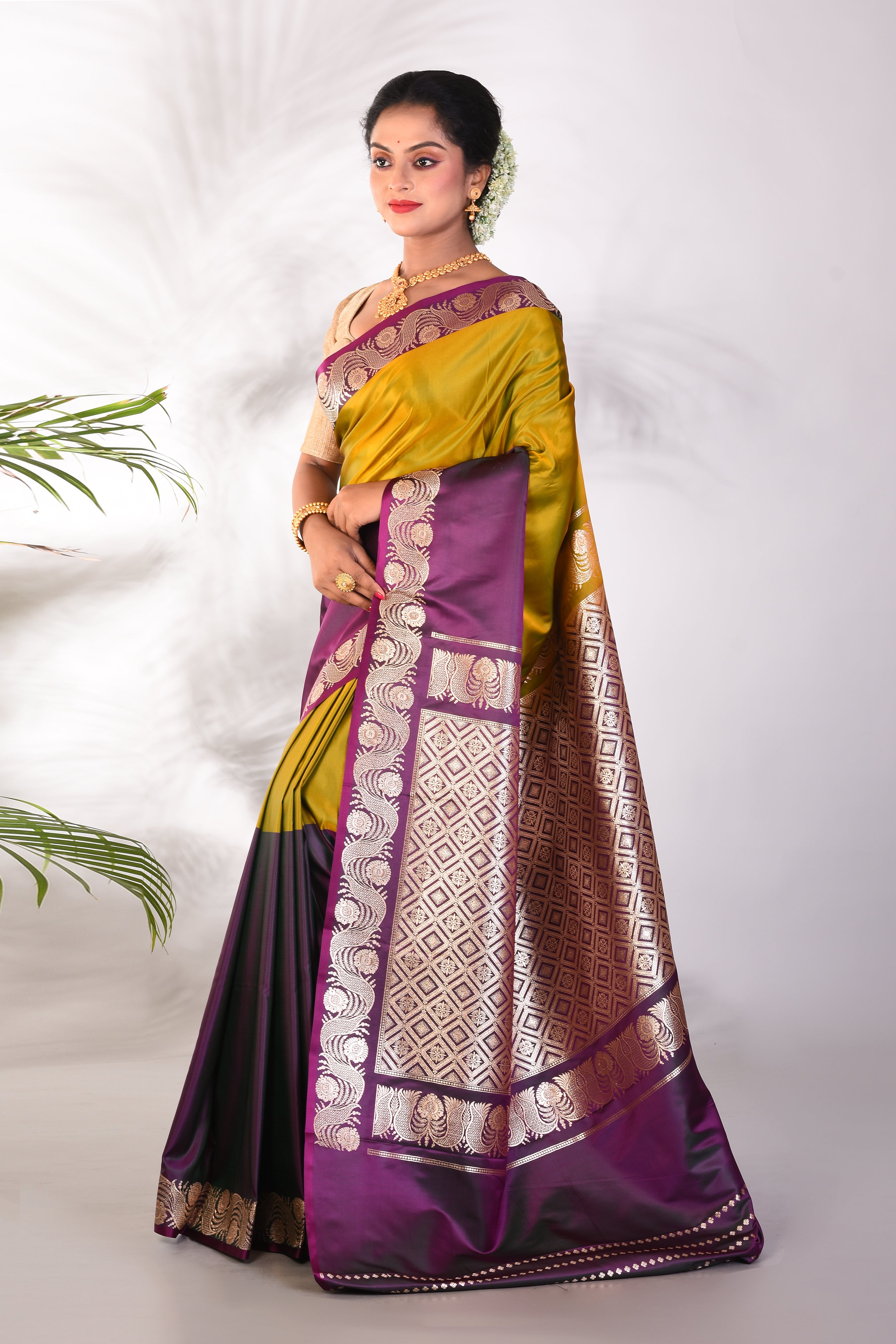 Olive & Magenta Blended Katan Saree - Keya Seth Exclusive