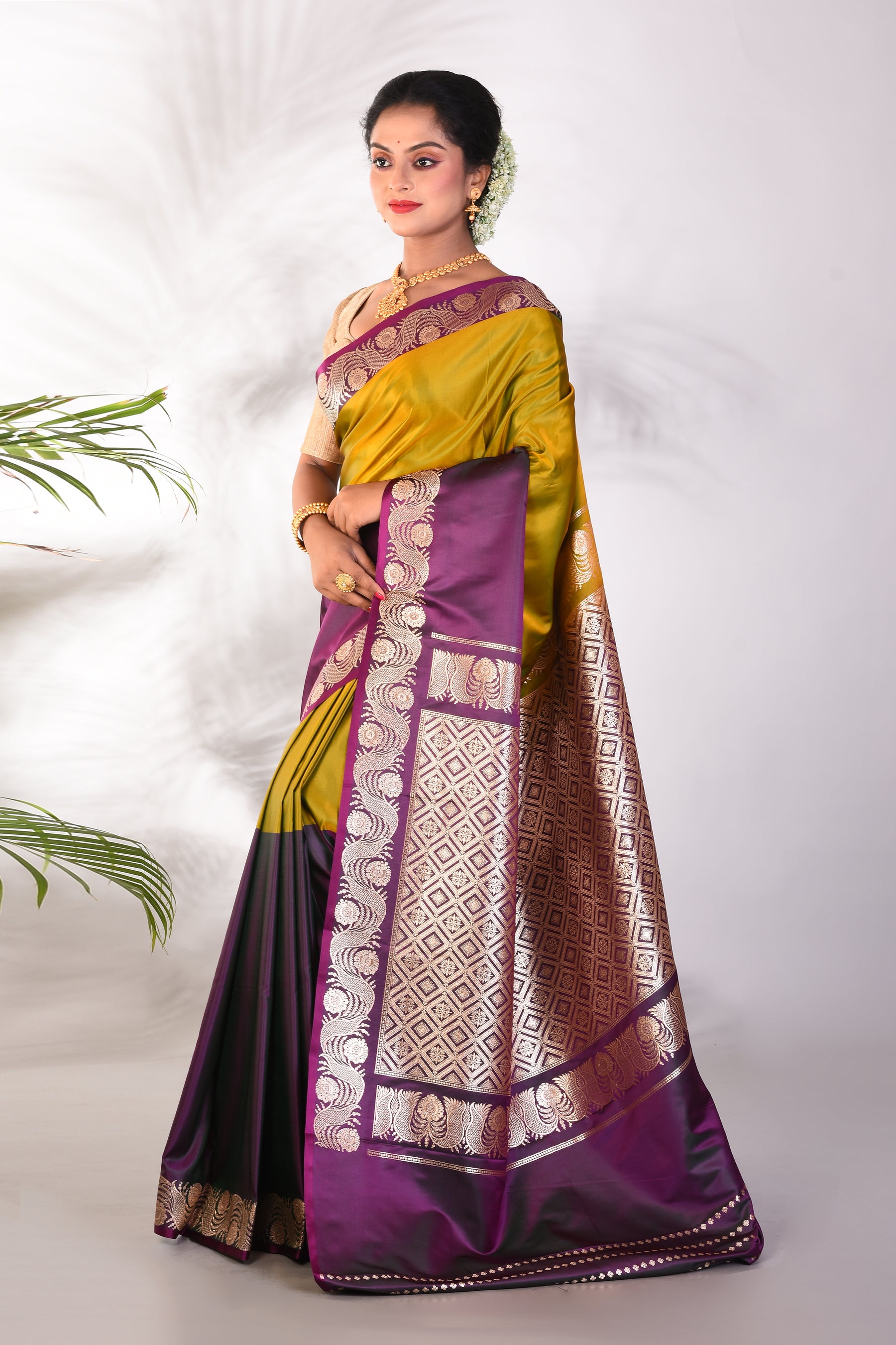 Olive & Magenta Blended Katan Saree - Keya Seth Exclusive