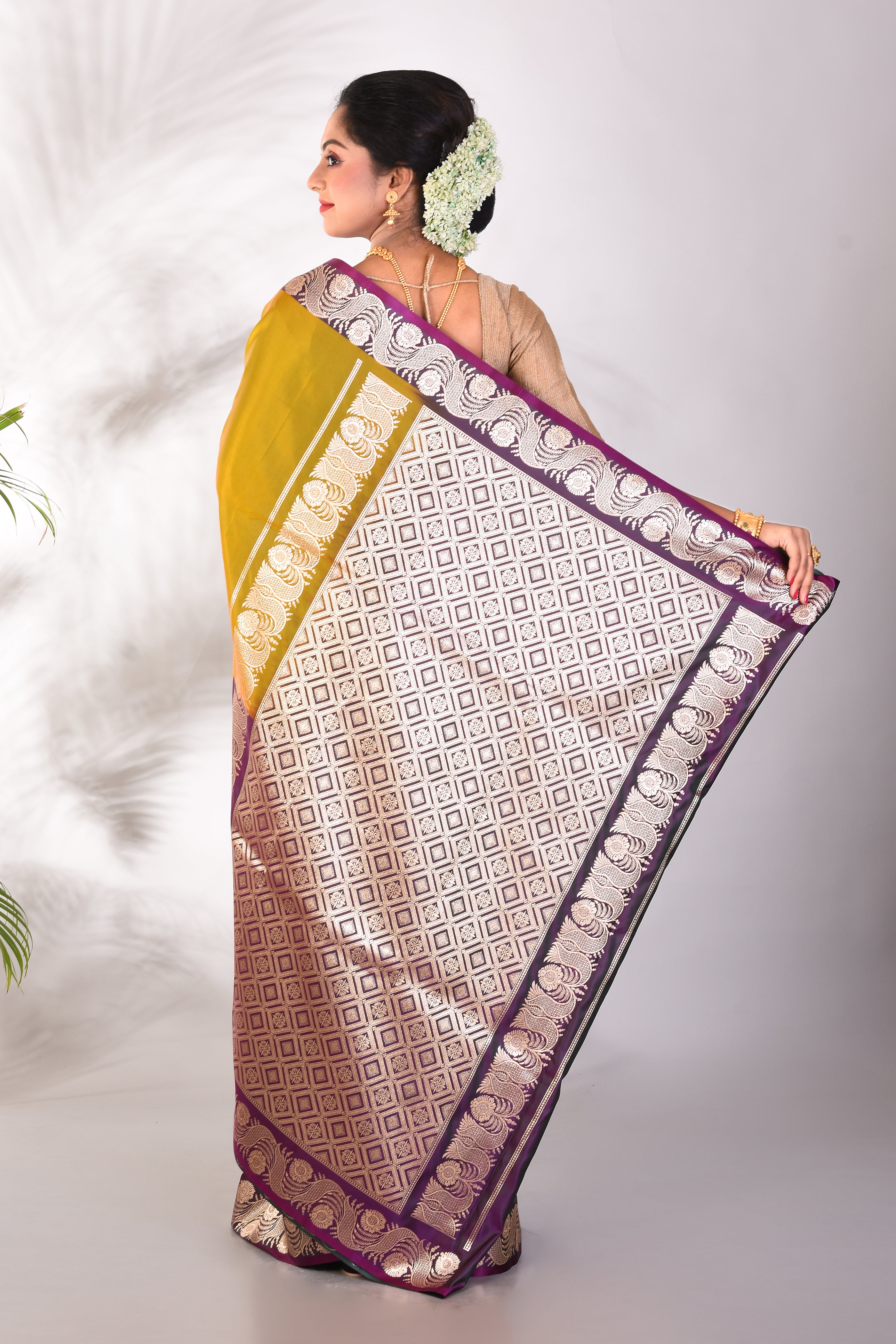 Olive & Magenta Blended Katan Saree - Keya Seth Exclusive