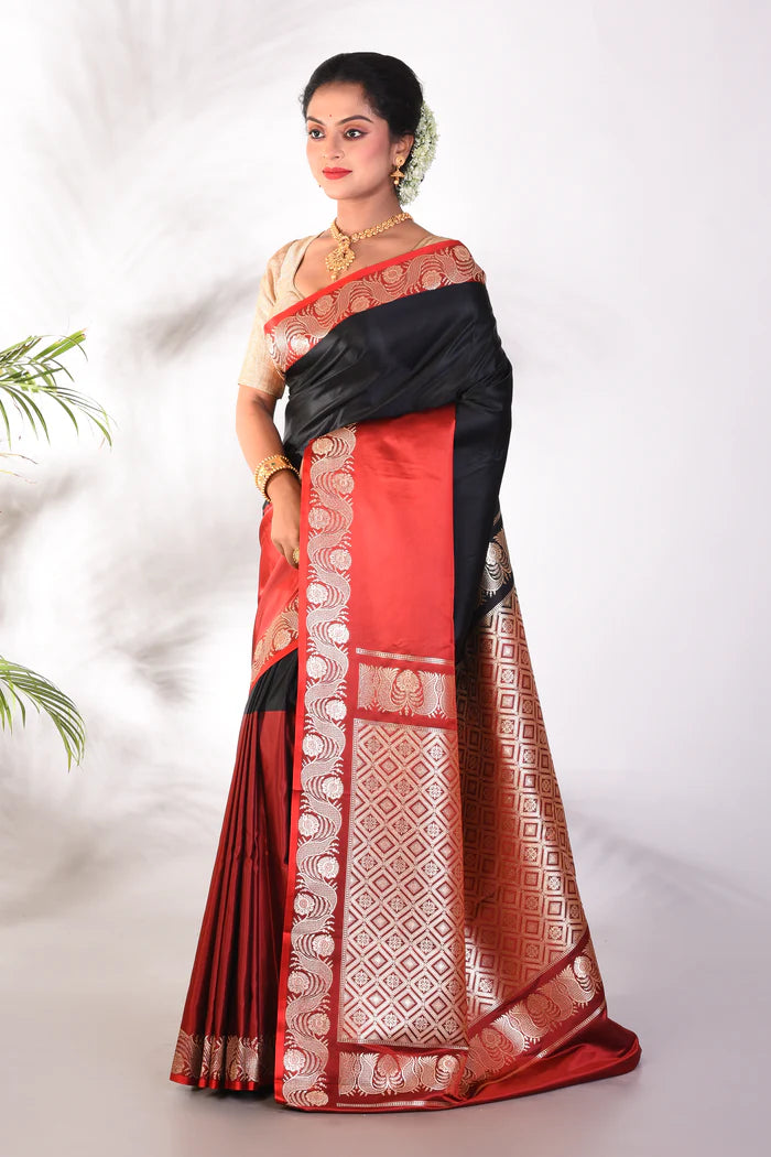 Black and Maroon Blended Katan Saree - Keya Seth Exclusive