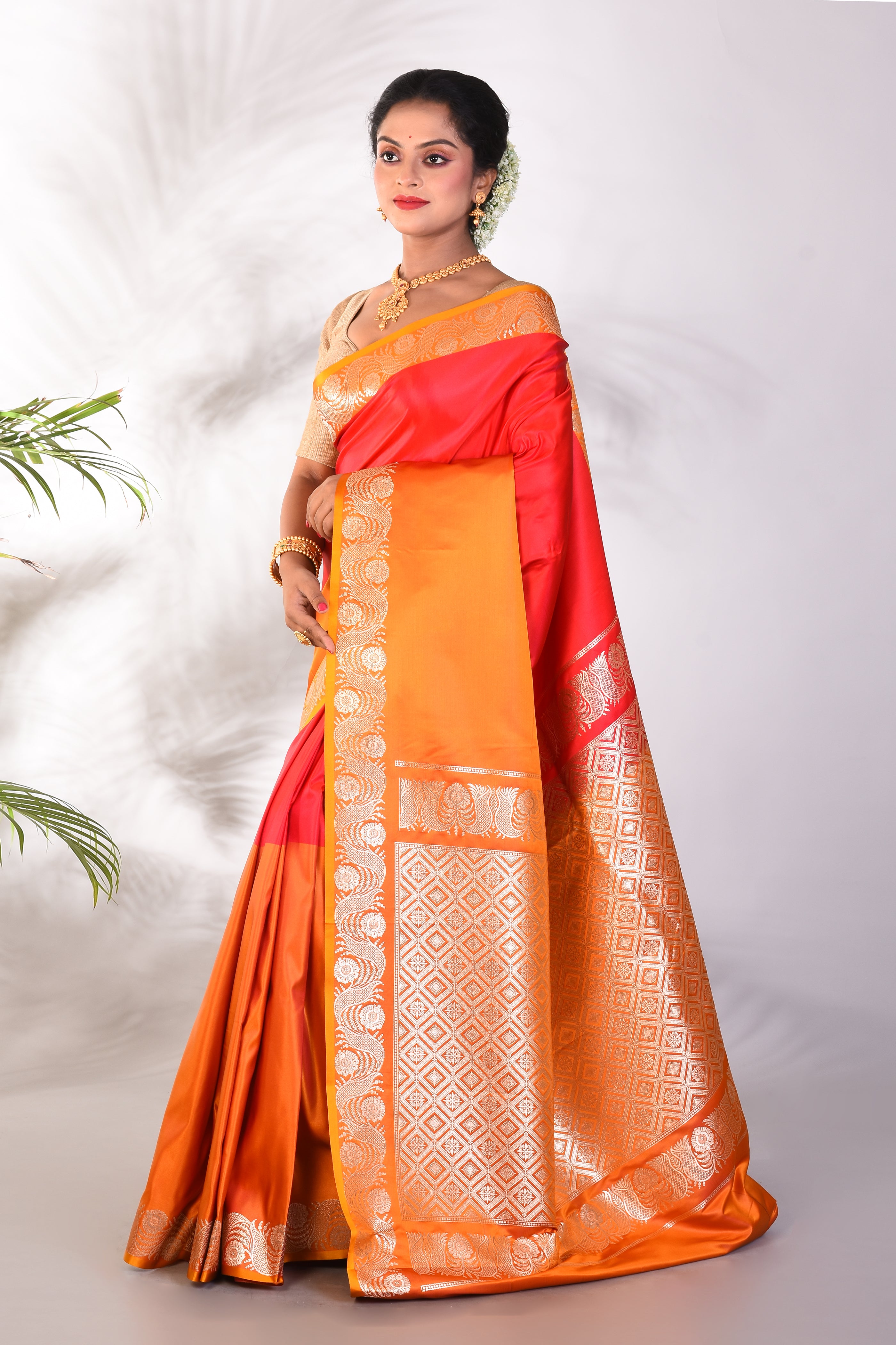 Orange and Yellow Blended Katan Saree - Keya Seth Exclusive