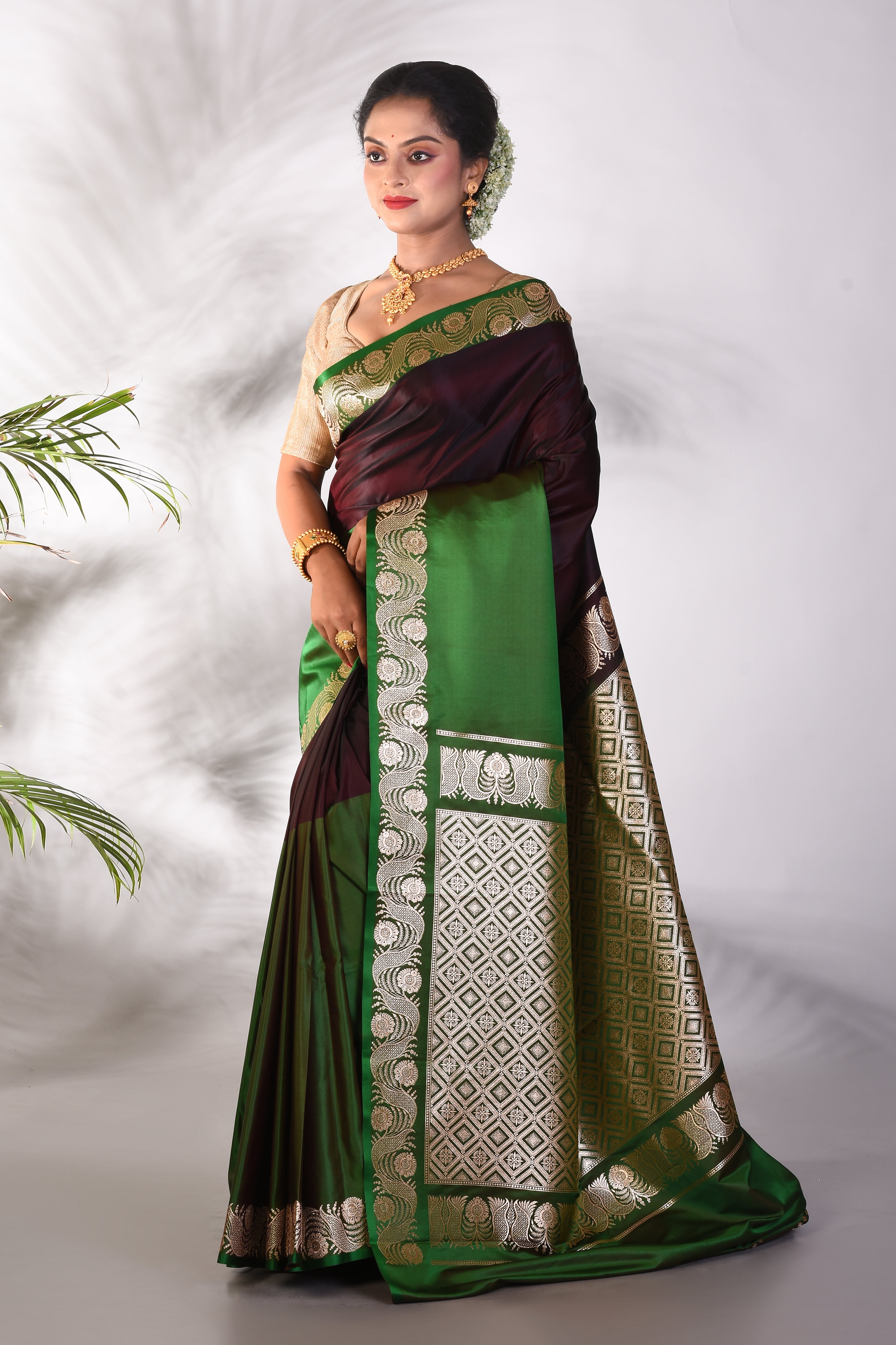 Green and Brown Blended Katan Saree - Keya Seth Exclusive