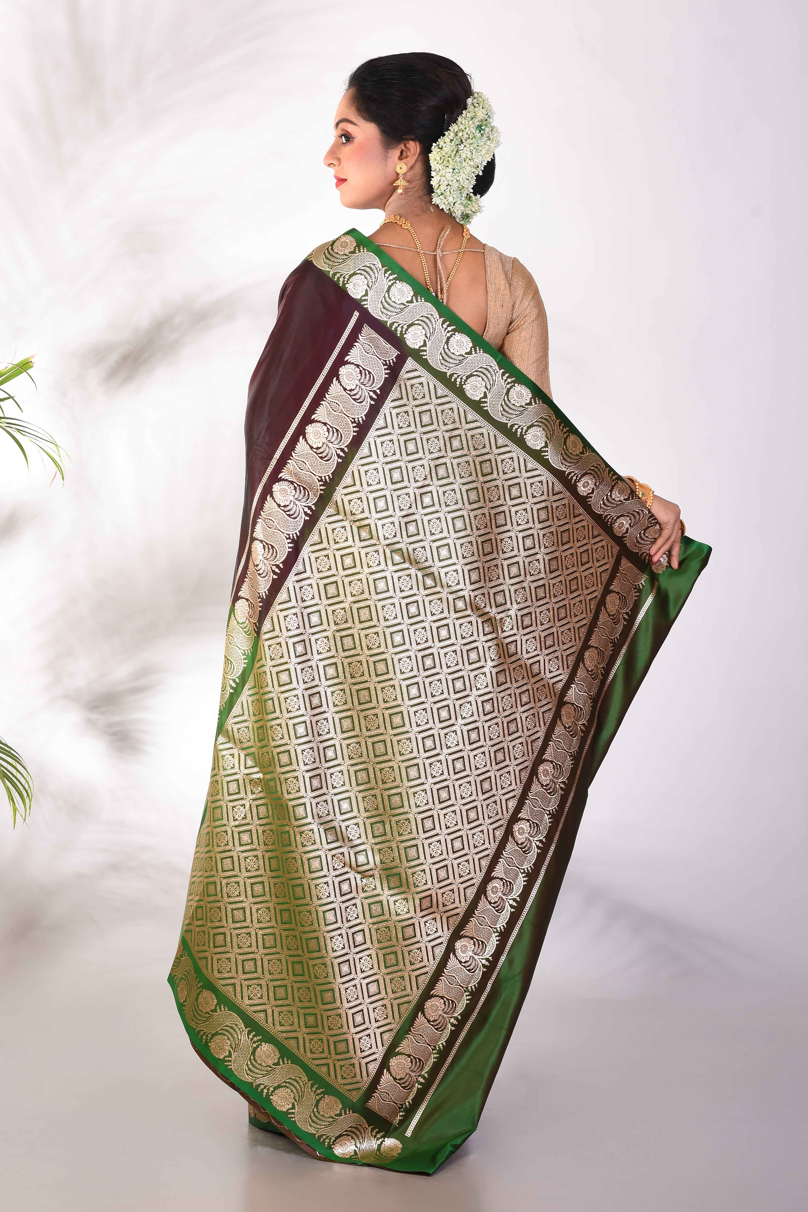Green and Brown Blended Katan Saree - Keya Seth Exclusive