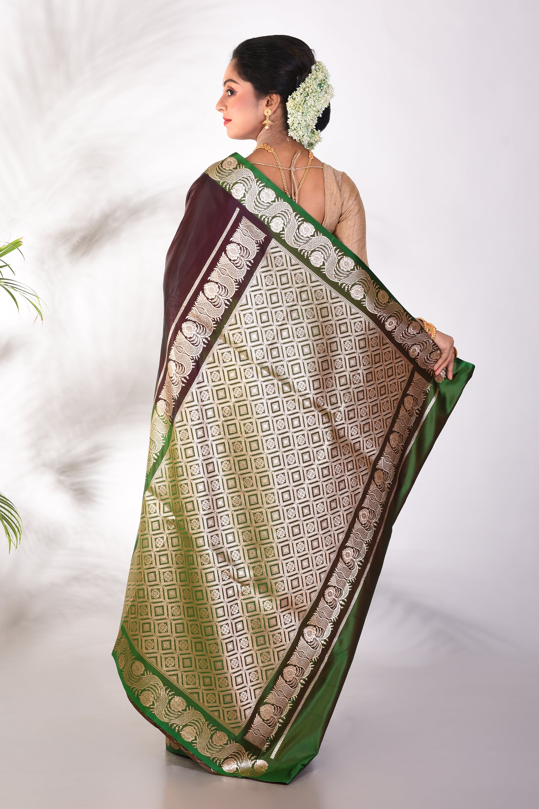 Green and Brown Blended Katan Saree - Keya Seth Exclusive