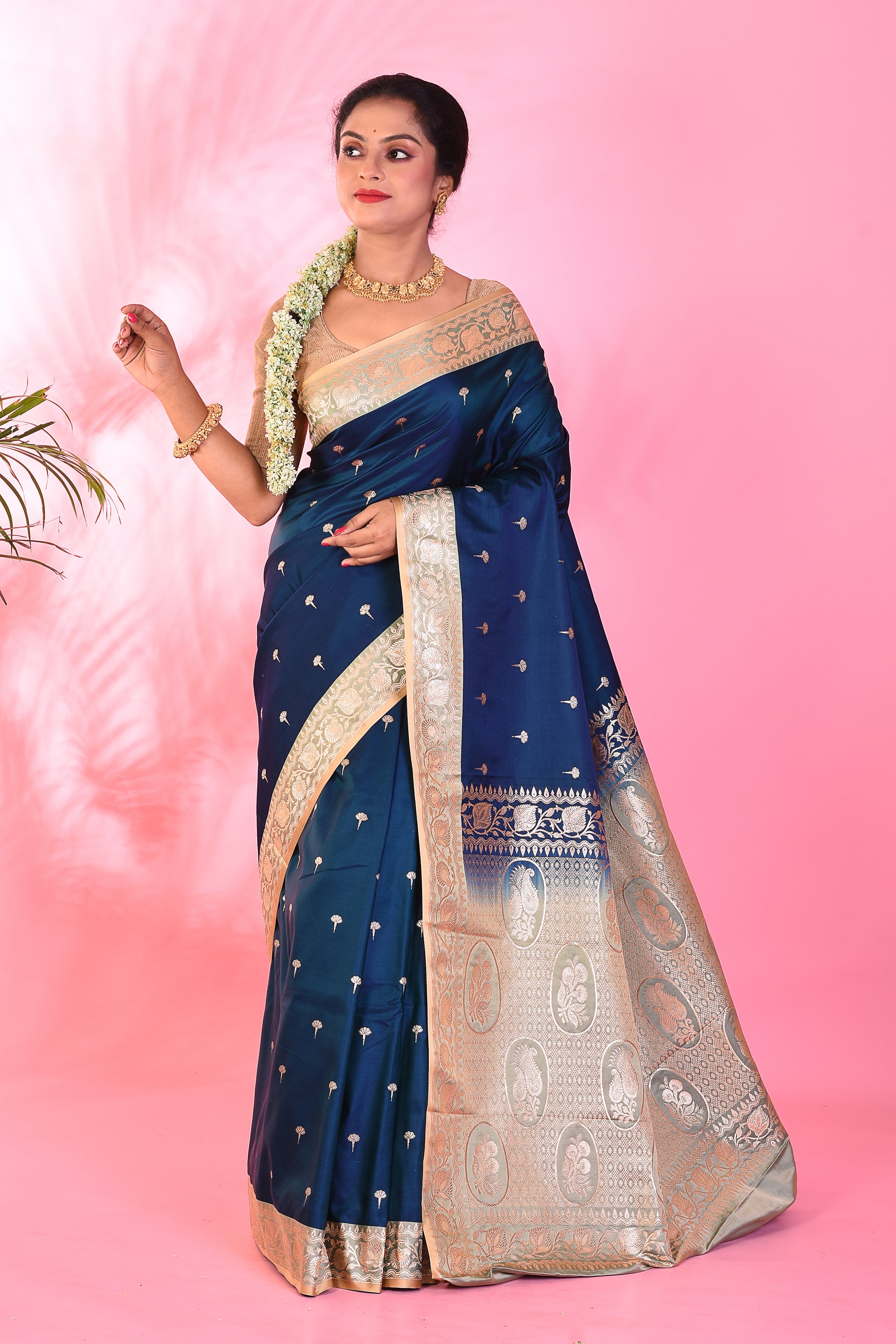 Navy Blue Blended Katan Saree - Keya Seth Exclusive