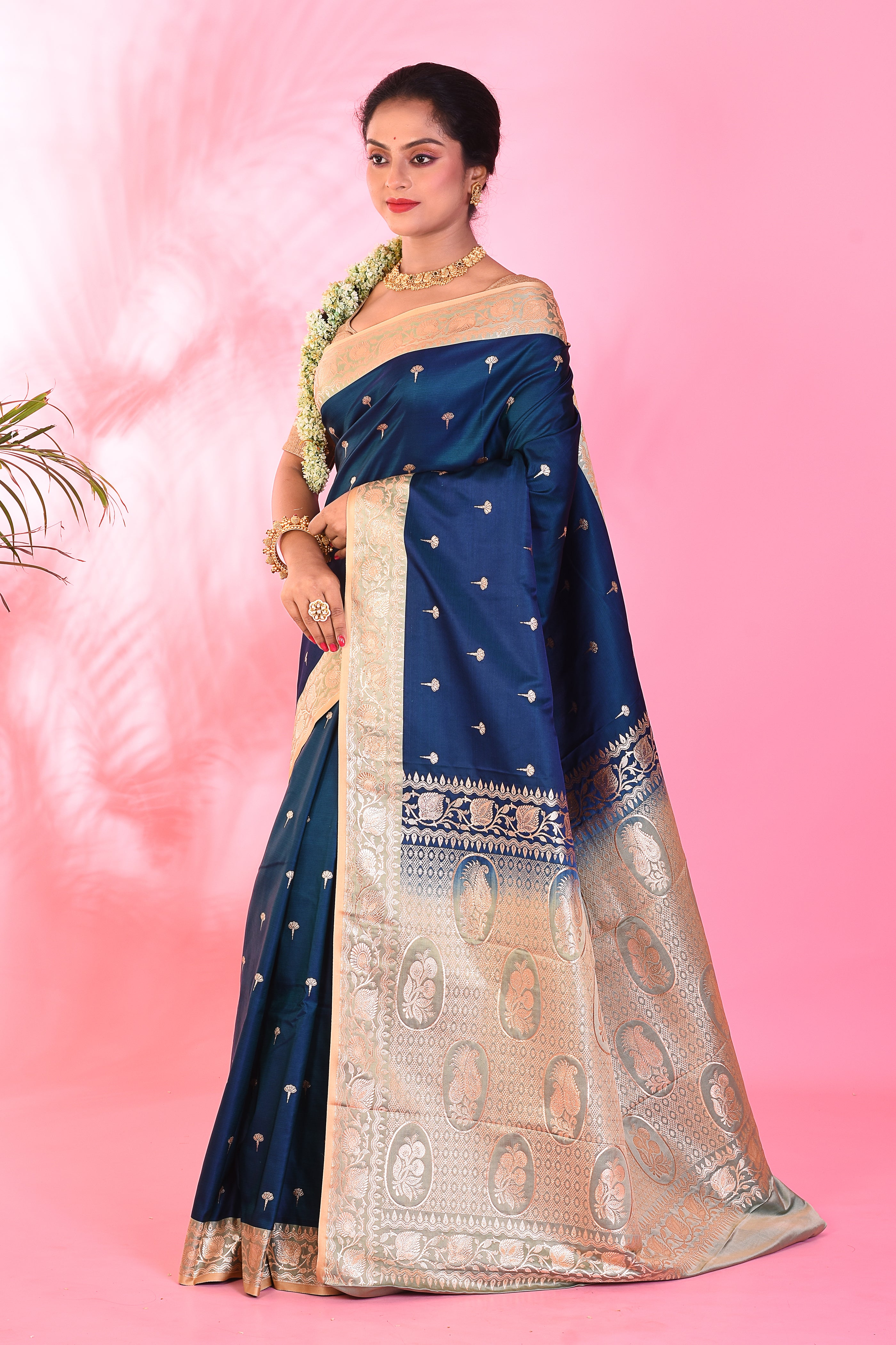 Navy Blue Blended Katan Saree - Keya Seth Exclusive