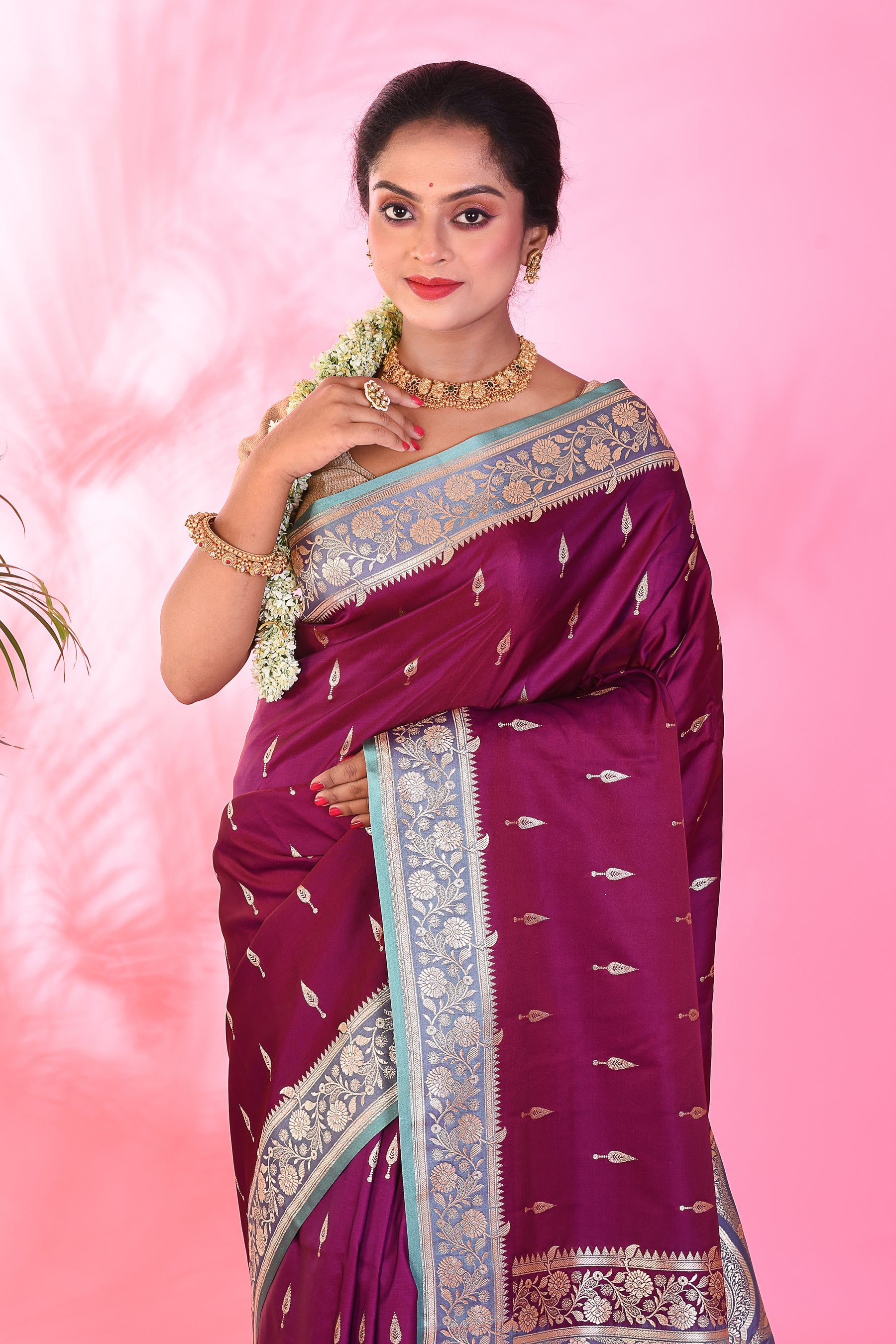Magenta and Lavender Blended Katan Saree - Keya Seth Exclusive
