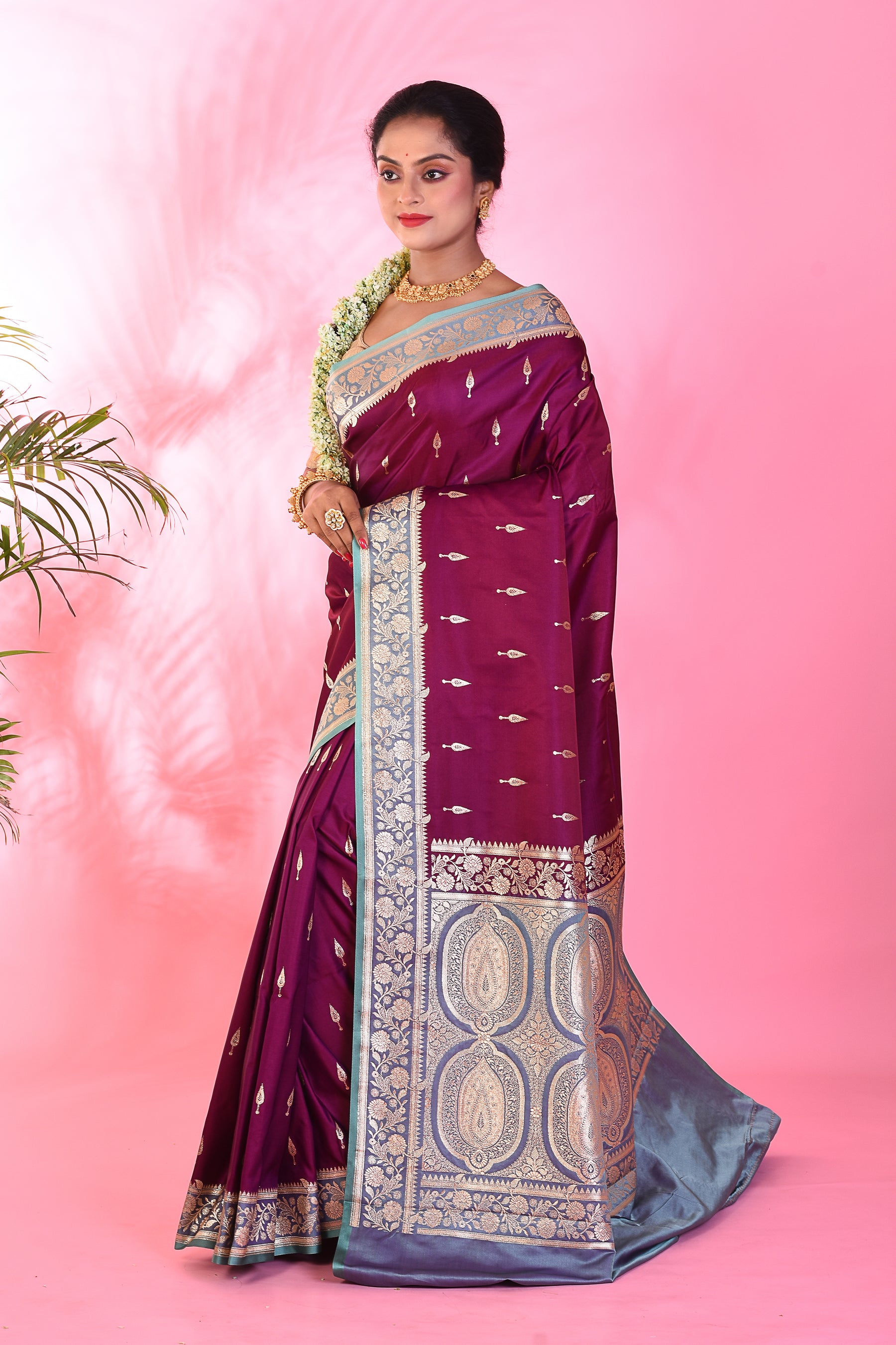 Magenta and Lavender Blended Katan Saree - Keya Seth Exclusive