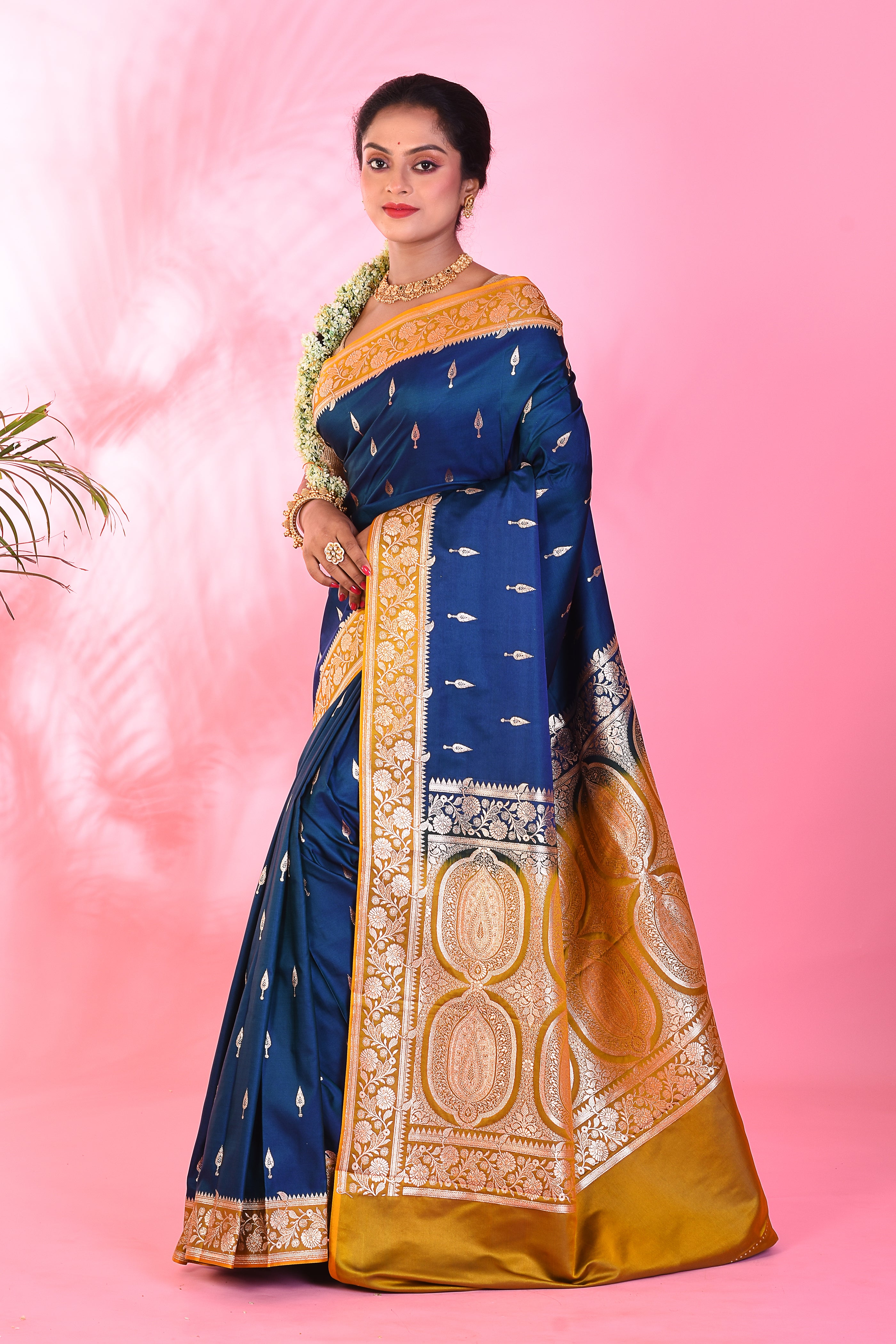 Blue and Yellow Blended Katan Saree - Keya Seth Exclusive