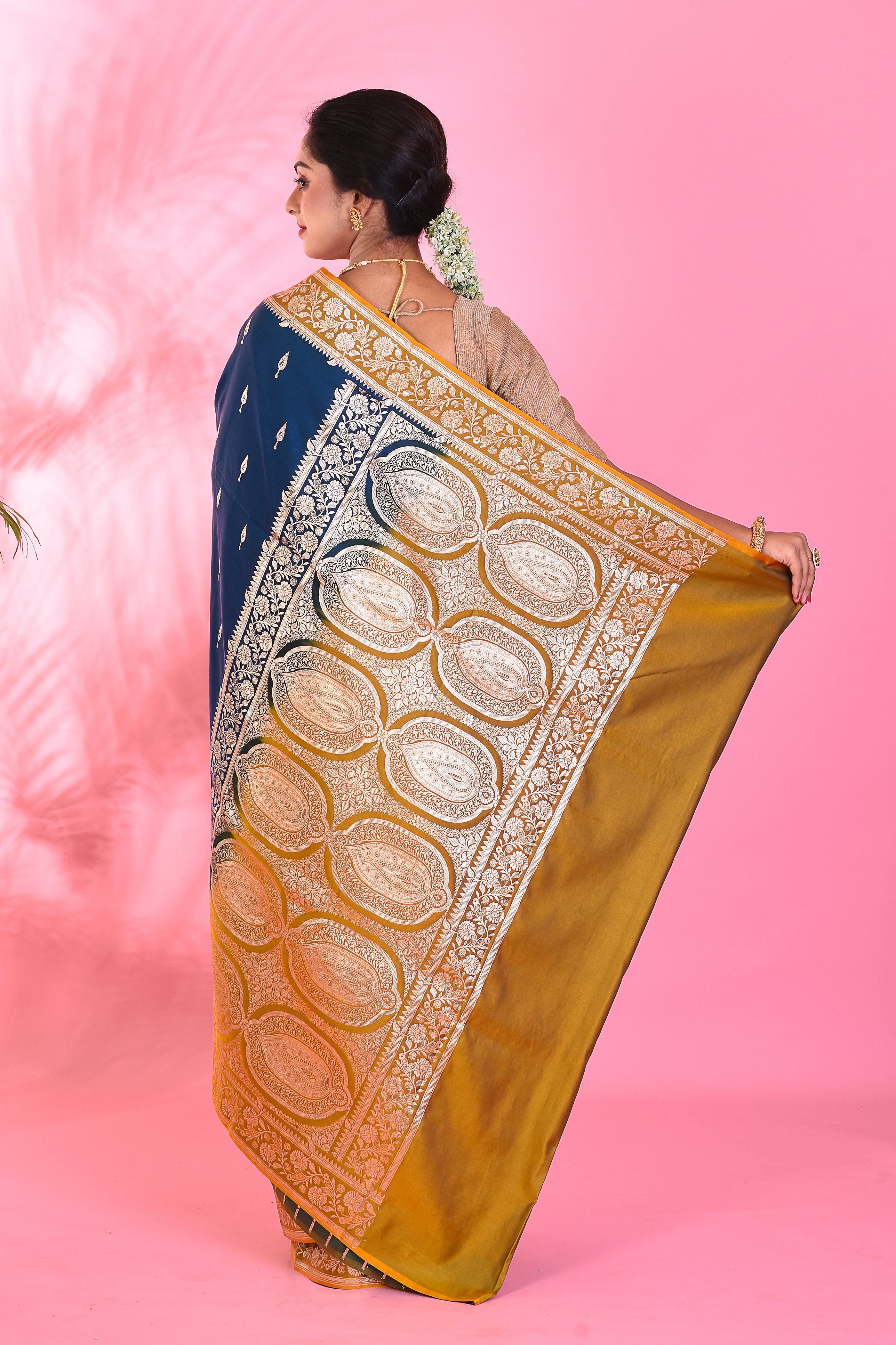 Blue and Yellow Blended Katan Saree - Keya Seth Exclusive