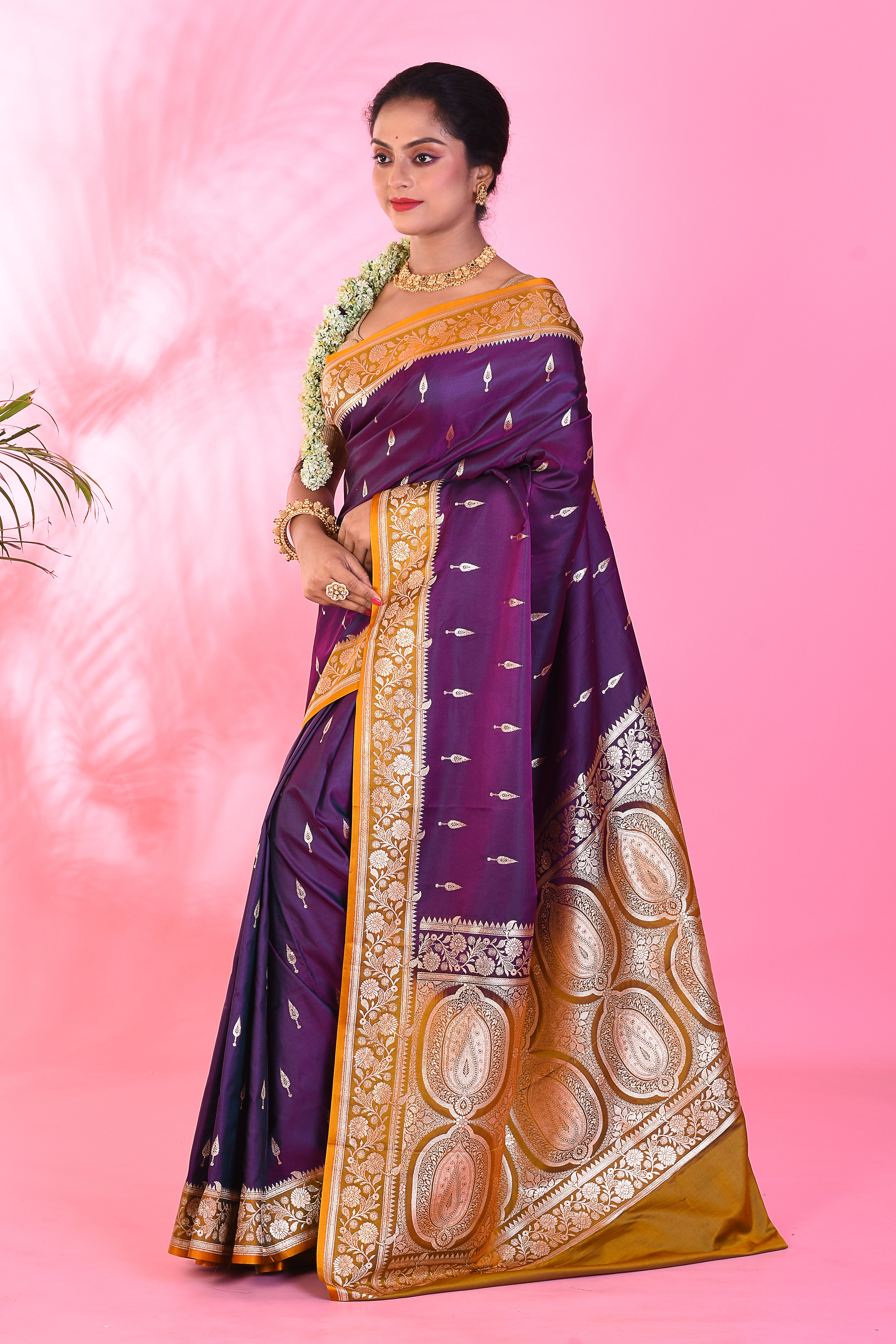 Purple and Yellow Blended Katan Saree - Keya Seth Exclusive