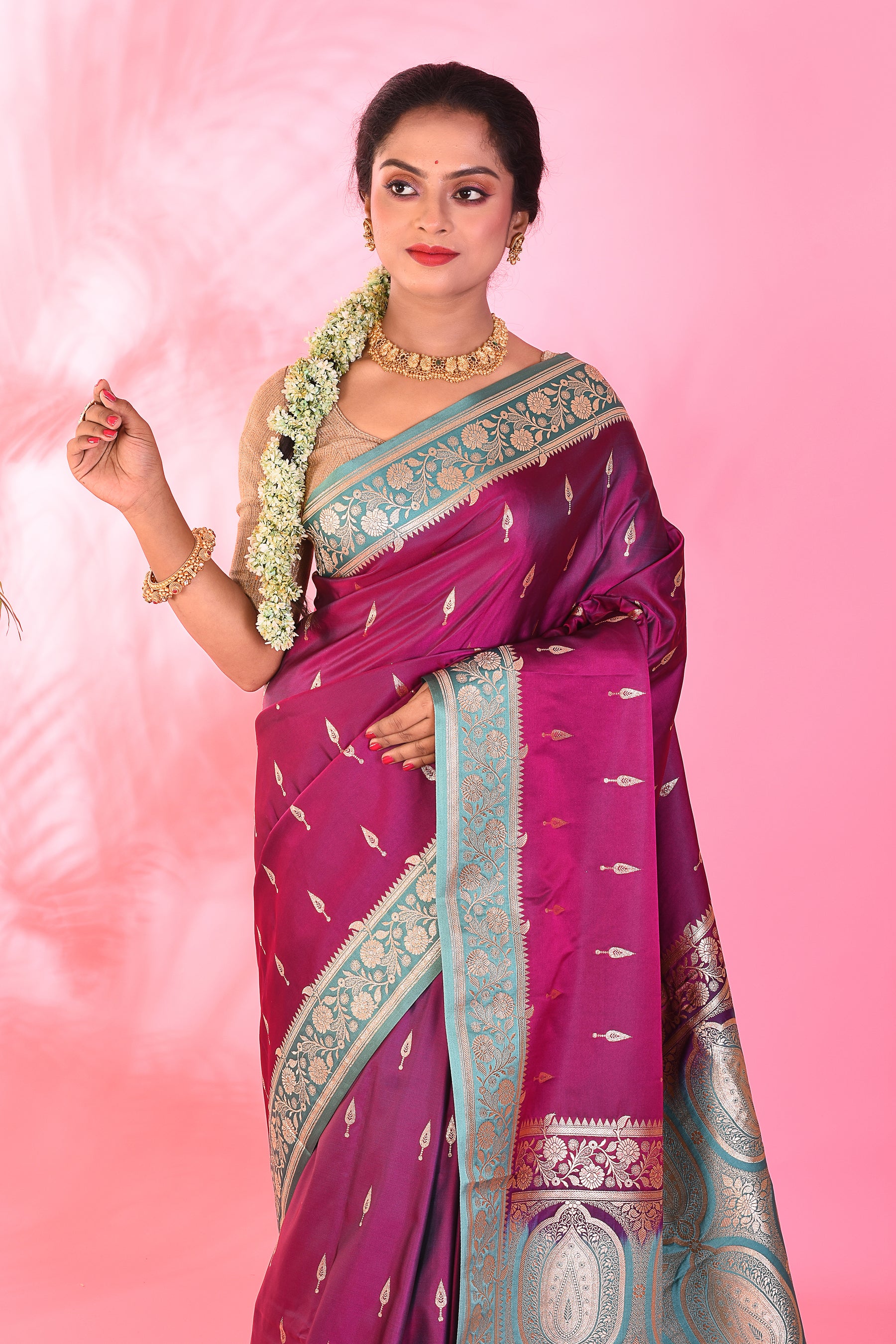 Magenta Blended Katan Saree - Keya Seth Exclusive