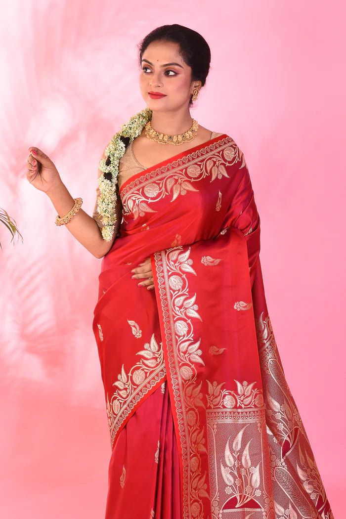 Red Blended Katan Saree - Keya Seth Exclusive