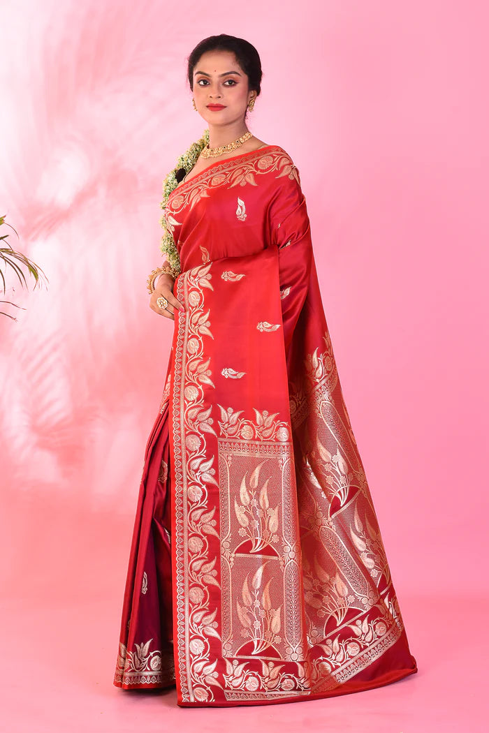 Red Blended Katan Saree - Keya Seth Exclusive