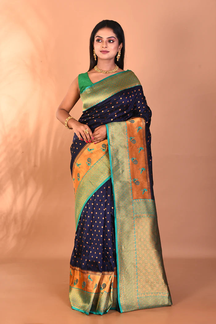 Navy Blue Blended Paithani Silk Saree - Keya Seth Exclusive