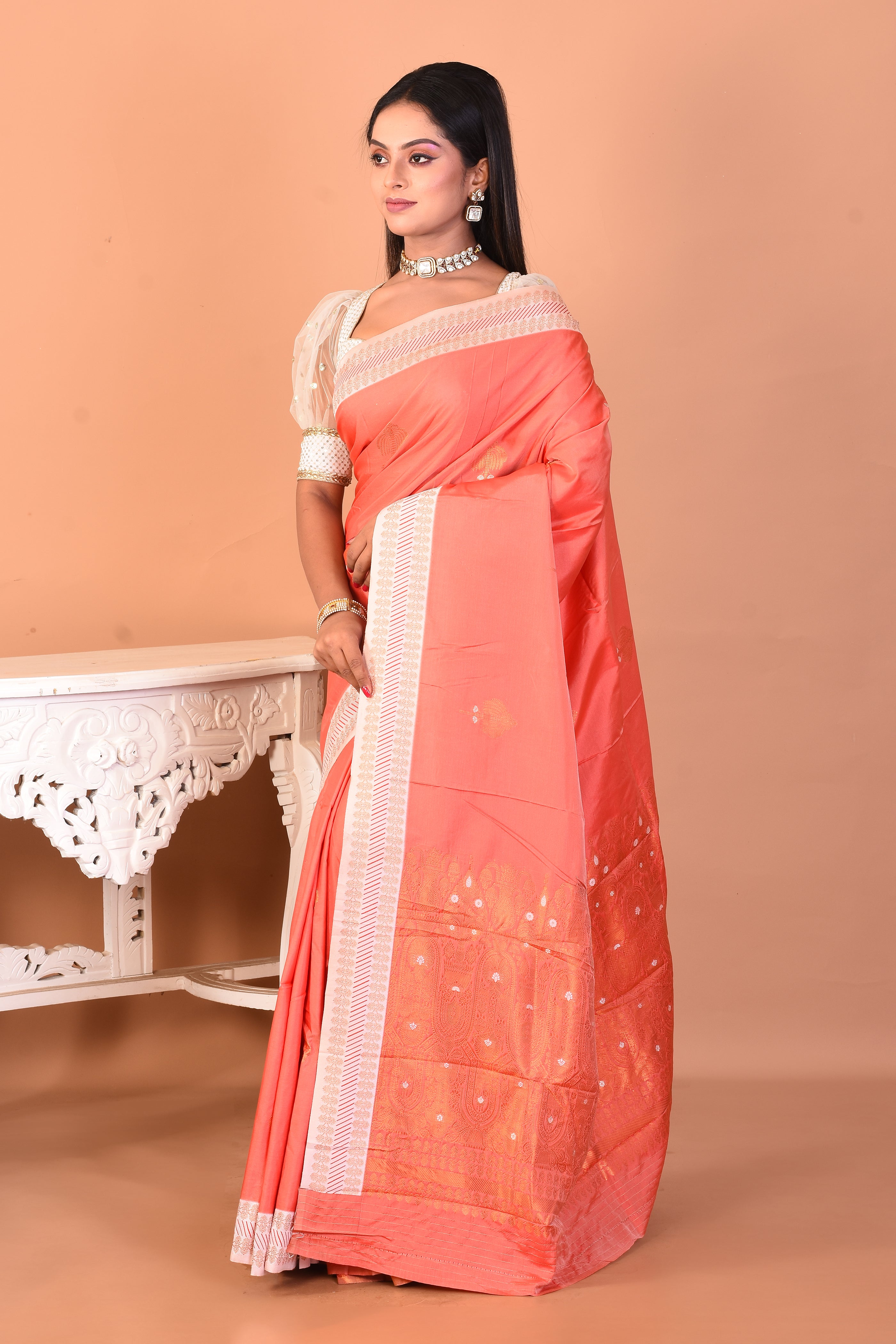 Peach Blended Katan Silk Saree - Keya Seth Exclusive
