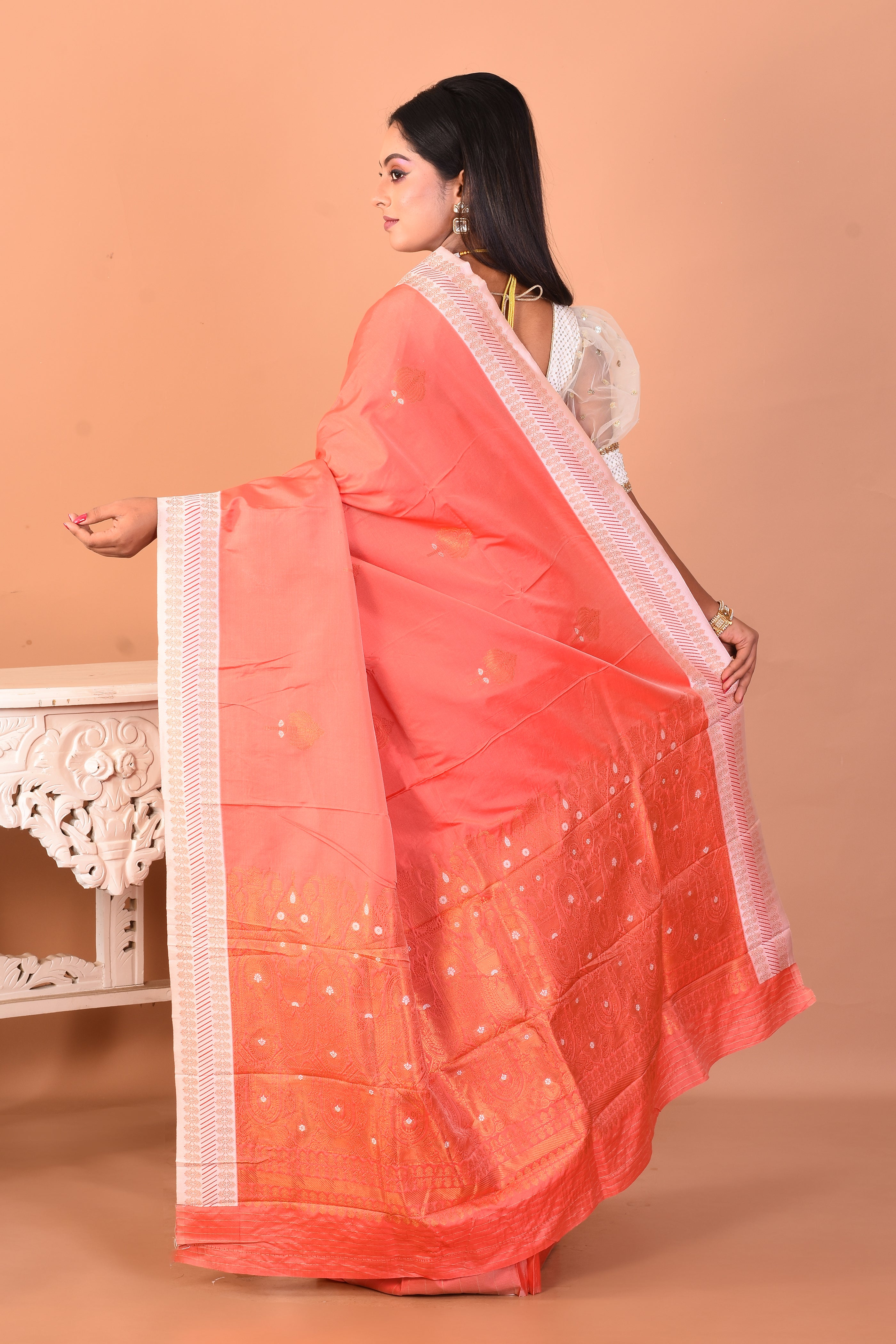 Peach Blended Katan Silk Saree - Keya Seth Exclusive