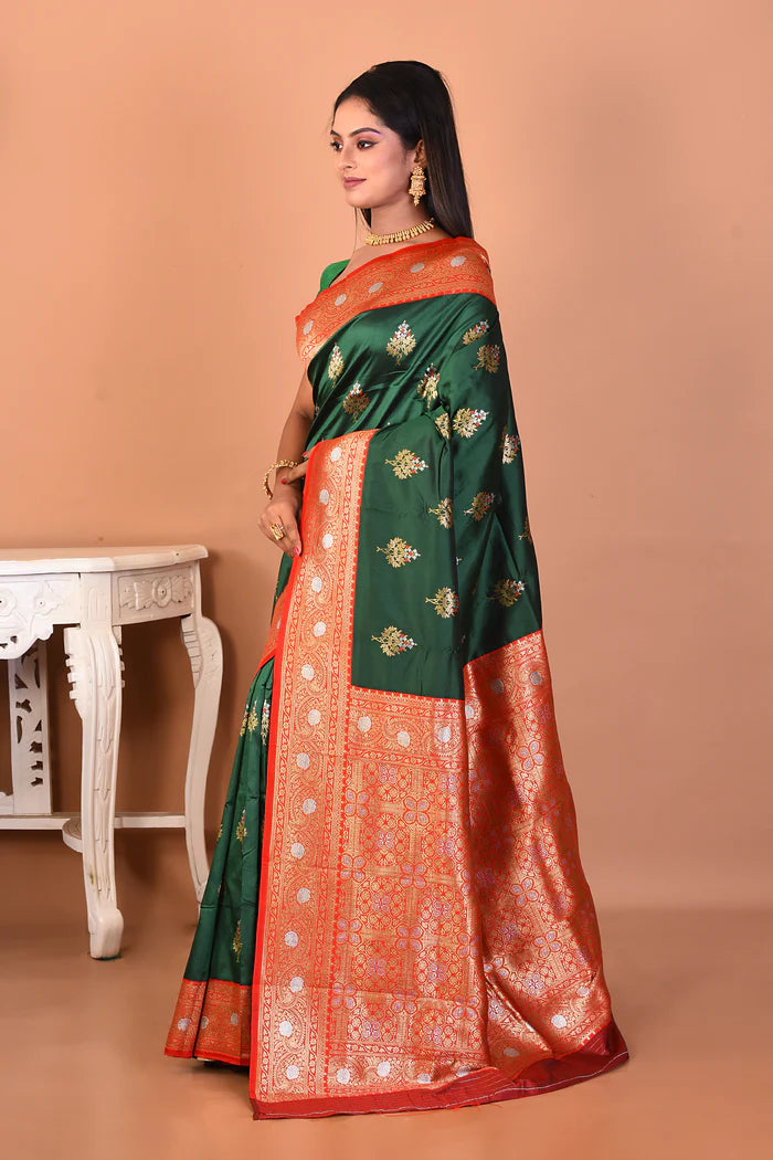 Dark Green Blended Katan Silk Saree - Keya Seth Exclusive