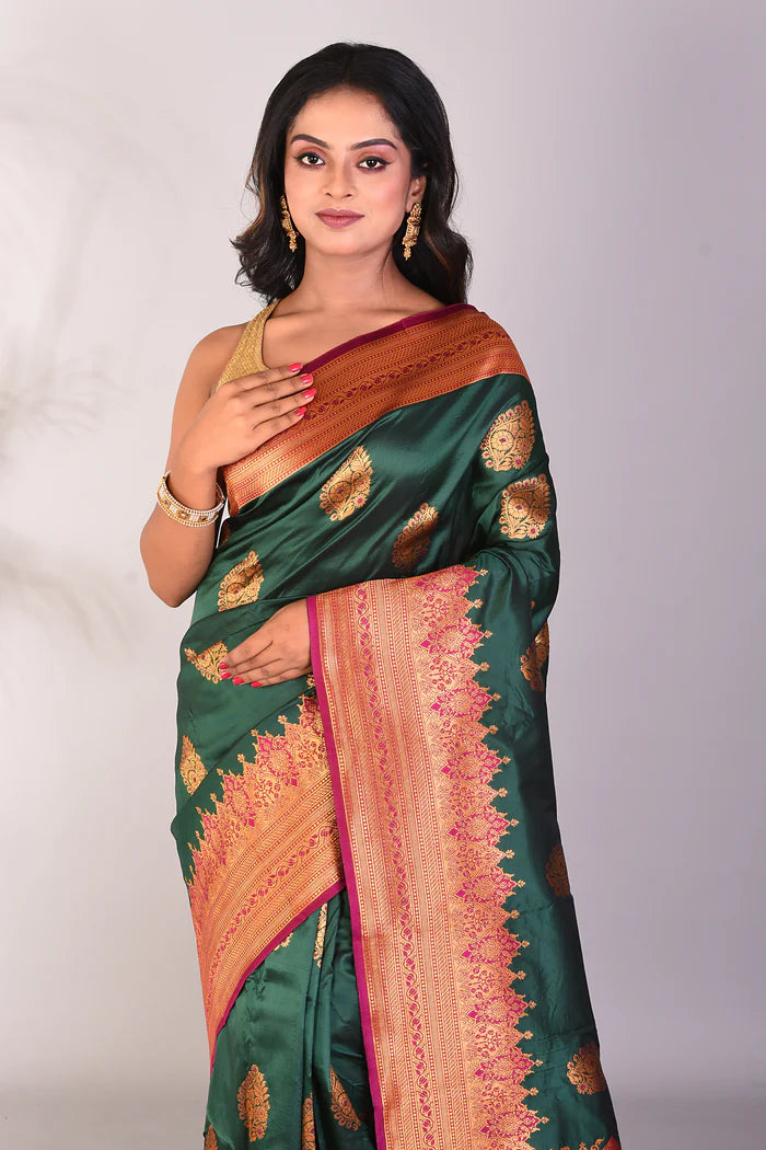 Deep Green Blended Katan Silk Saree - Keya Seth Exclusive