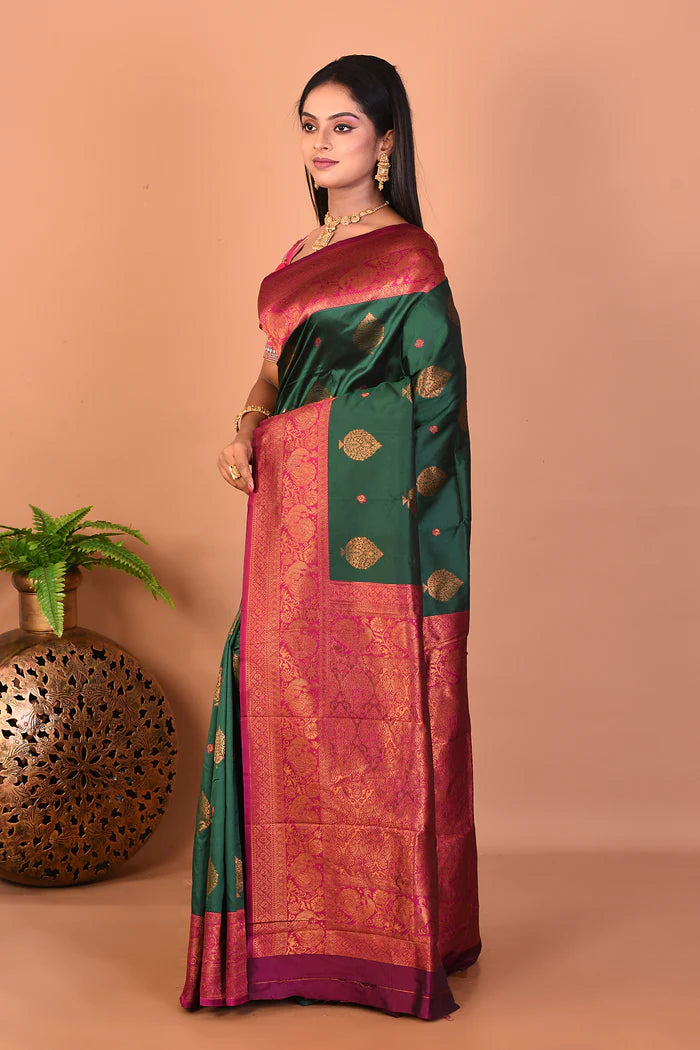 Deep Green Blended Katan Silk Saree - Keya Seth Exclusive