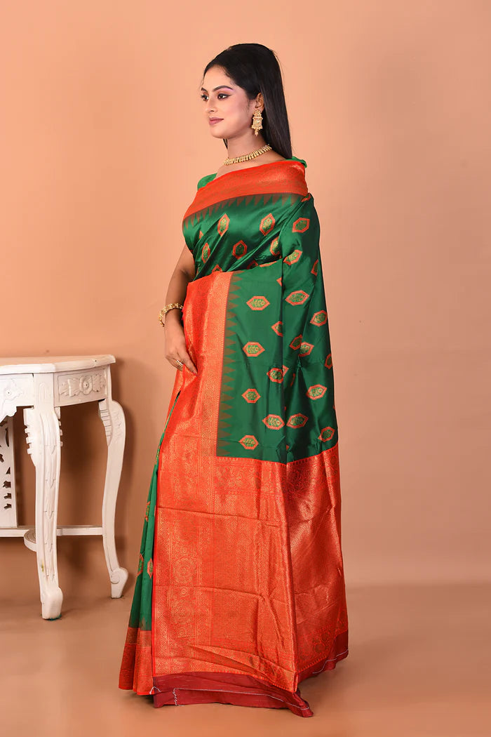 Bottle Green Blended Katan Silk Saree - Keya Seth Exclusive