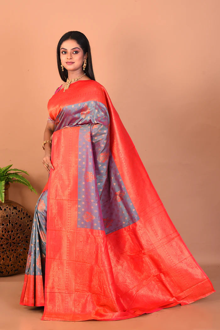 Dual Tone Grey Blended Katan Silk Saree - Keya Seth Exclusive