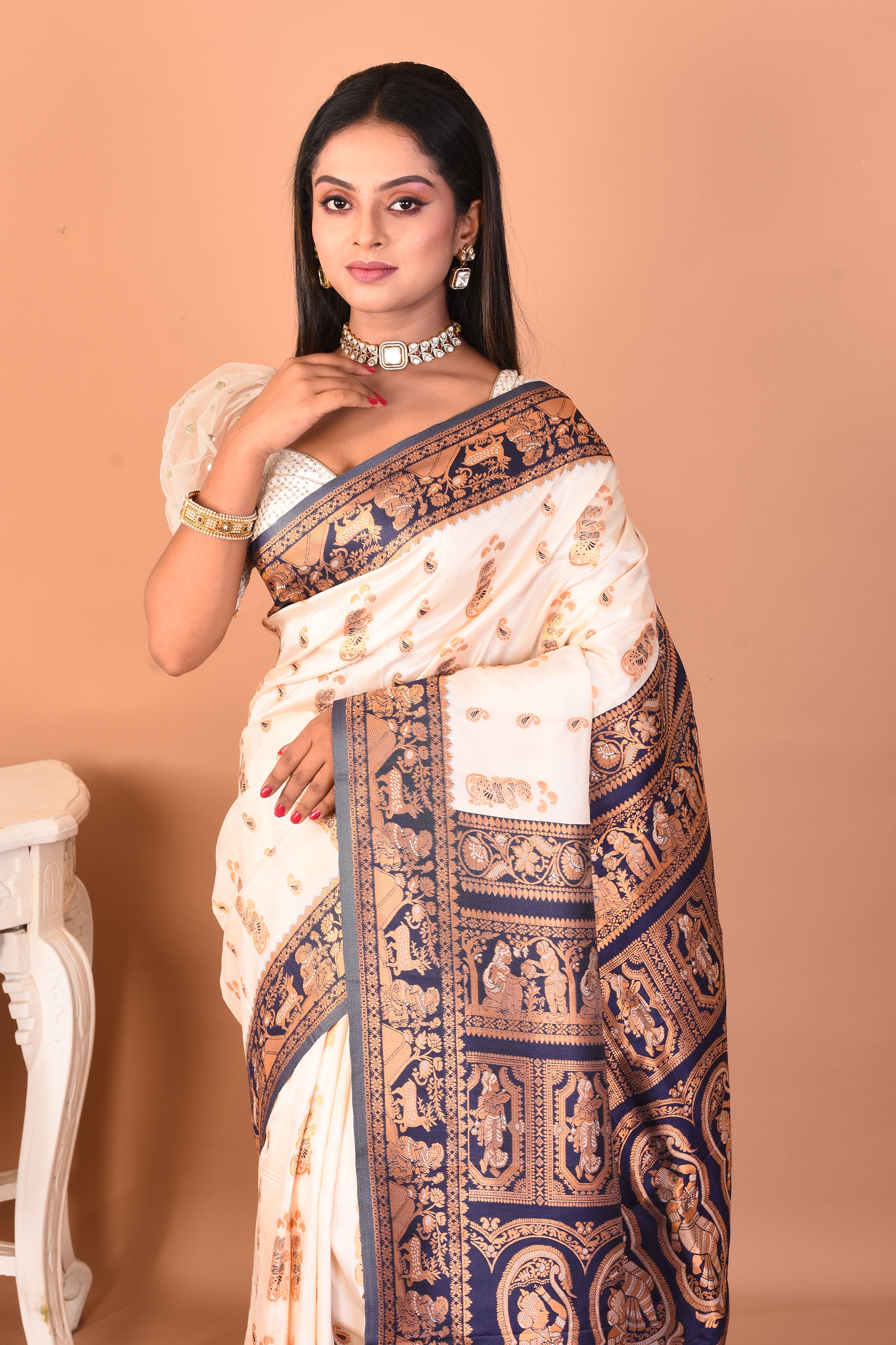 White Blended Baluchari Silk Saree - Keya Seth Exclusive